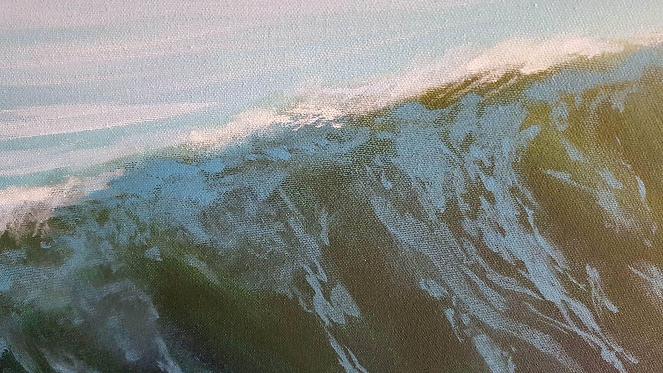 A large,Â unframed original painting showing the power and graceÂ of a breaking wave.    In acrylics with painted edges so that the artwork may be hung without framing if preferred.     Signed by the artist and supplied with signed Certificate of