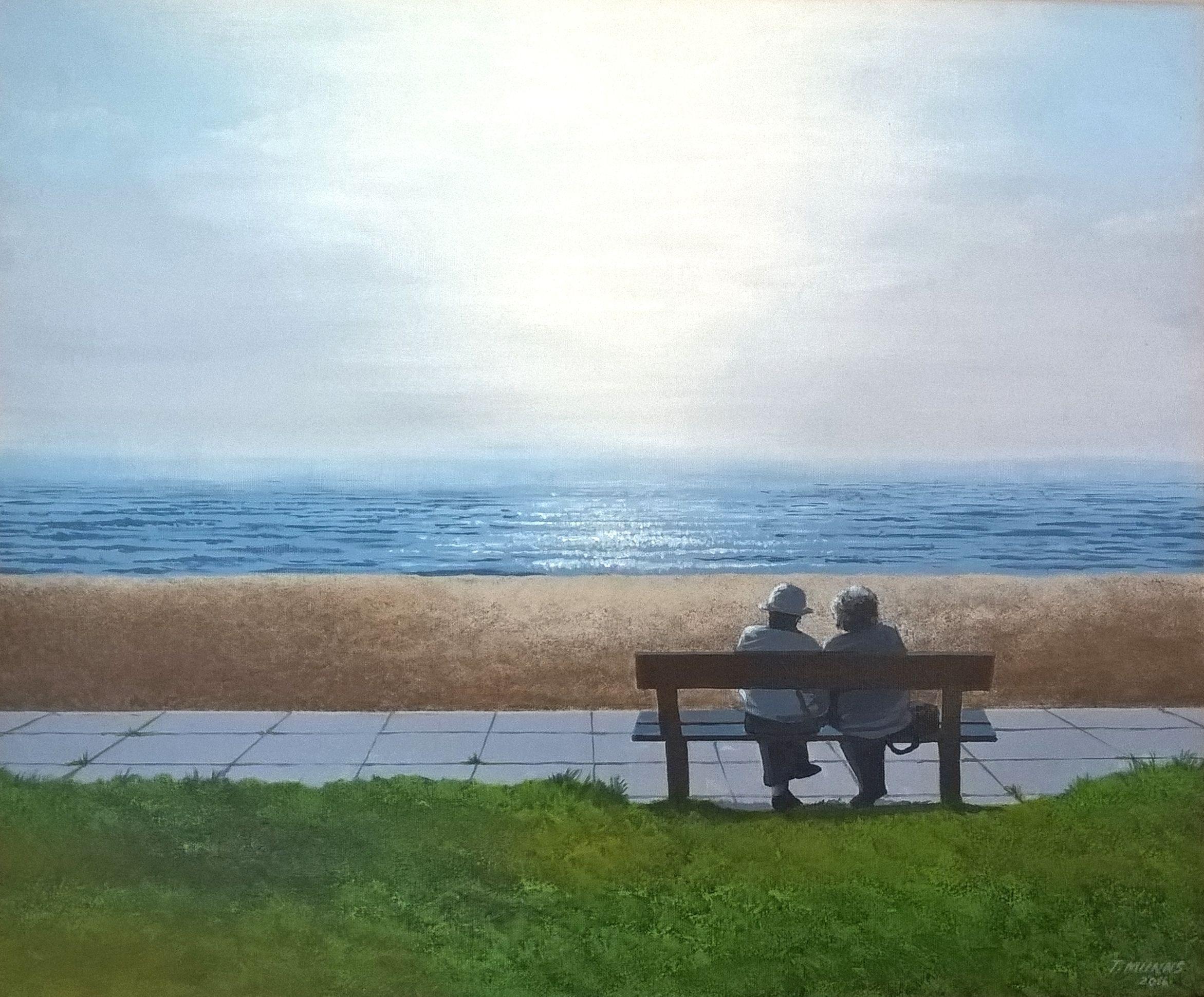 A medium sized unframed original acrylic painting that captures retired couple Fred and Joan enjoying the still of the early morning on their local promenade.     Edges are painted so that the artwork may be hung without framing if preferred.    