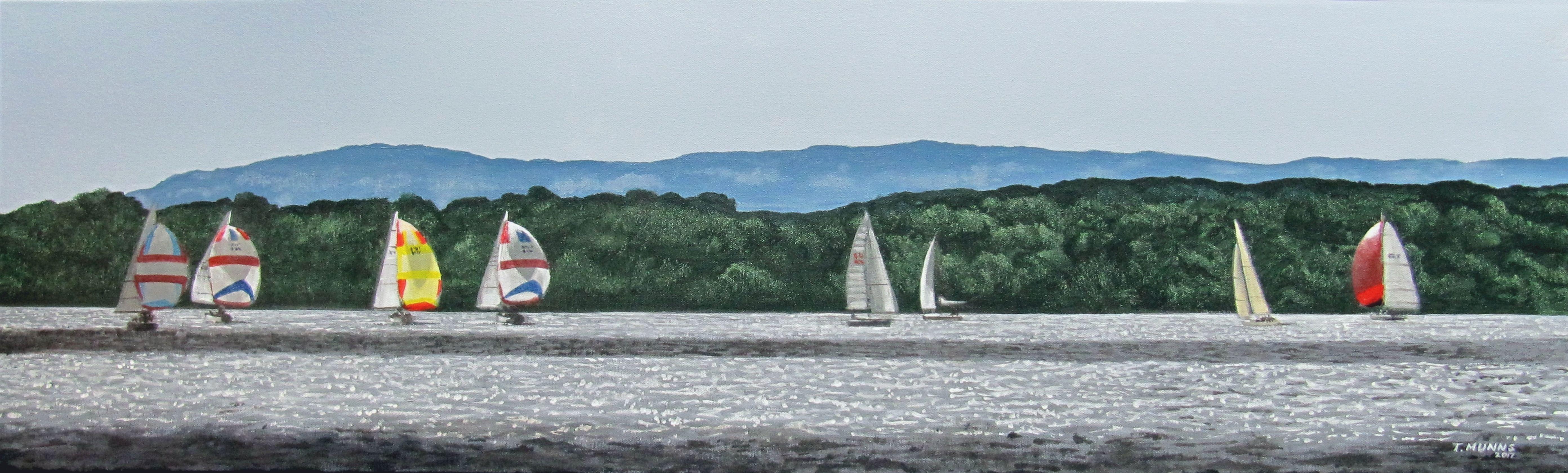 Spinnakers iluminados por el sol, Pintura, Acrílico sobre lienzo - Painting de Tony Munns