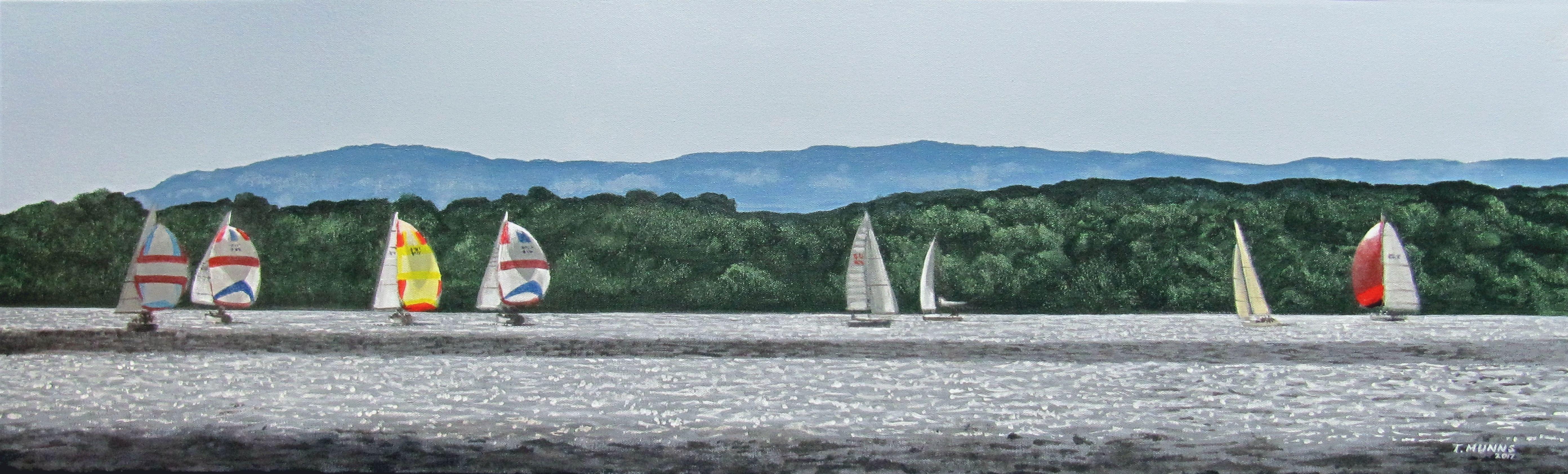 A medium sized unframed original acrylic painting capturing the colourful sails in the late afternoon on a sparkling estuary.     Edges are painted so that the artwork may be hung without framing if preferred.     Signed by the artist and supplied