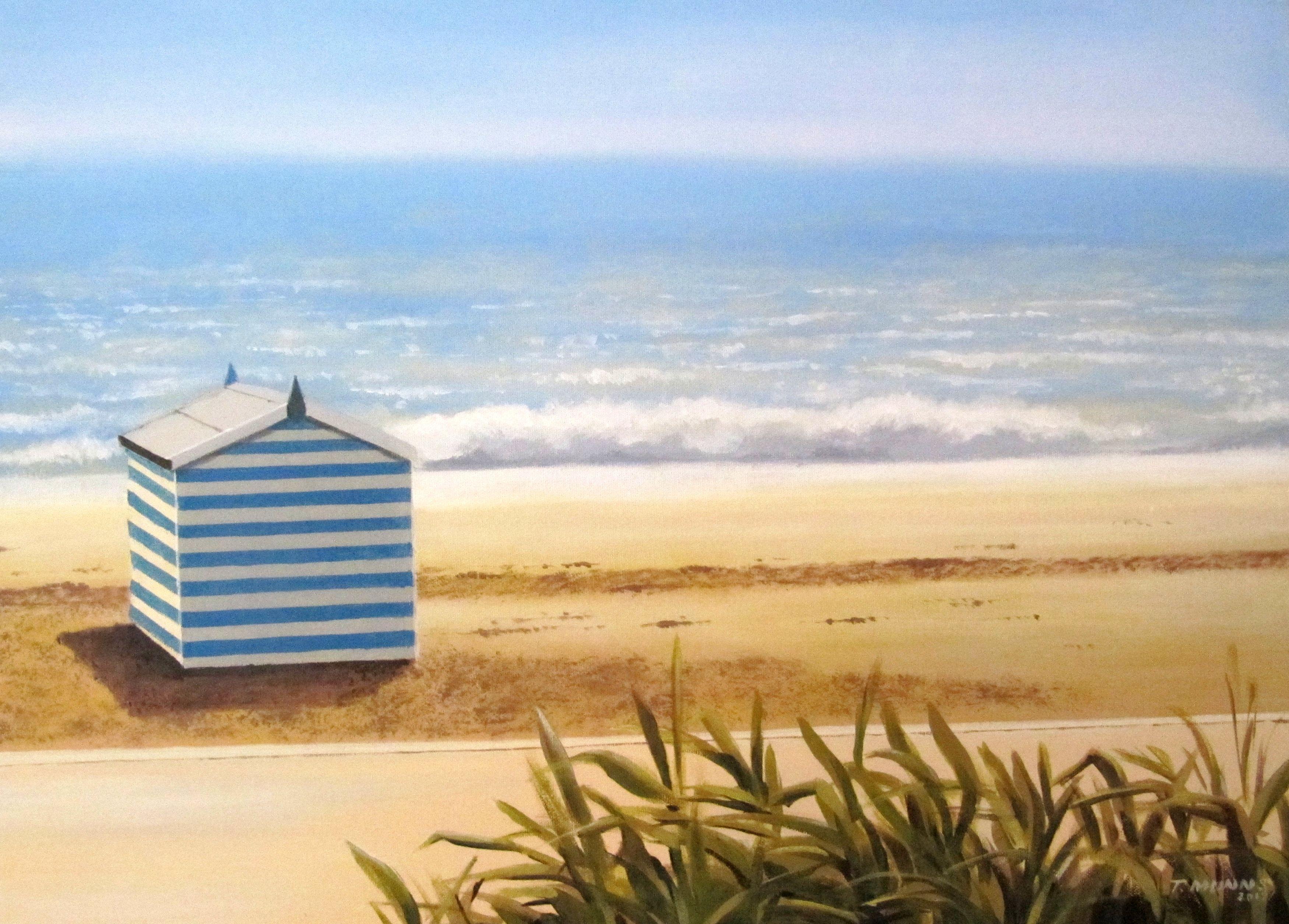An unframed original acrylic painting of a solitary beach hut, making a calm and sunny retreat on a warm summer afternoon at the beach.     Painted on stretched canvasÂ and supplied unmounted.    Signed by the artist and supplied with signed