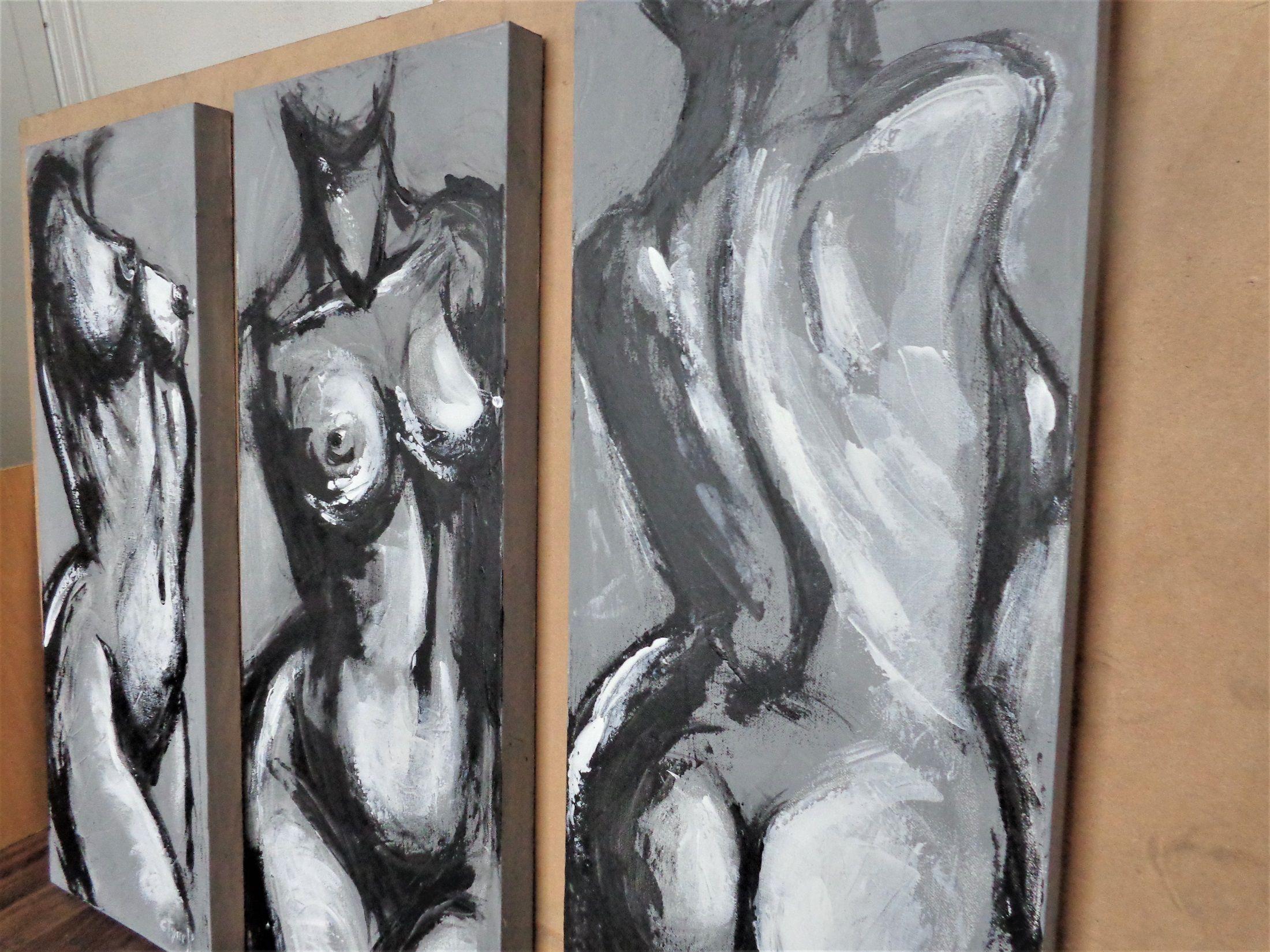 Triptych - Three Grey Graces, Painting, Acrylic on Canvas For Sale 3