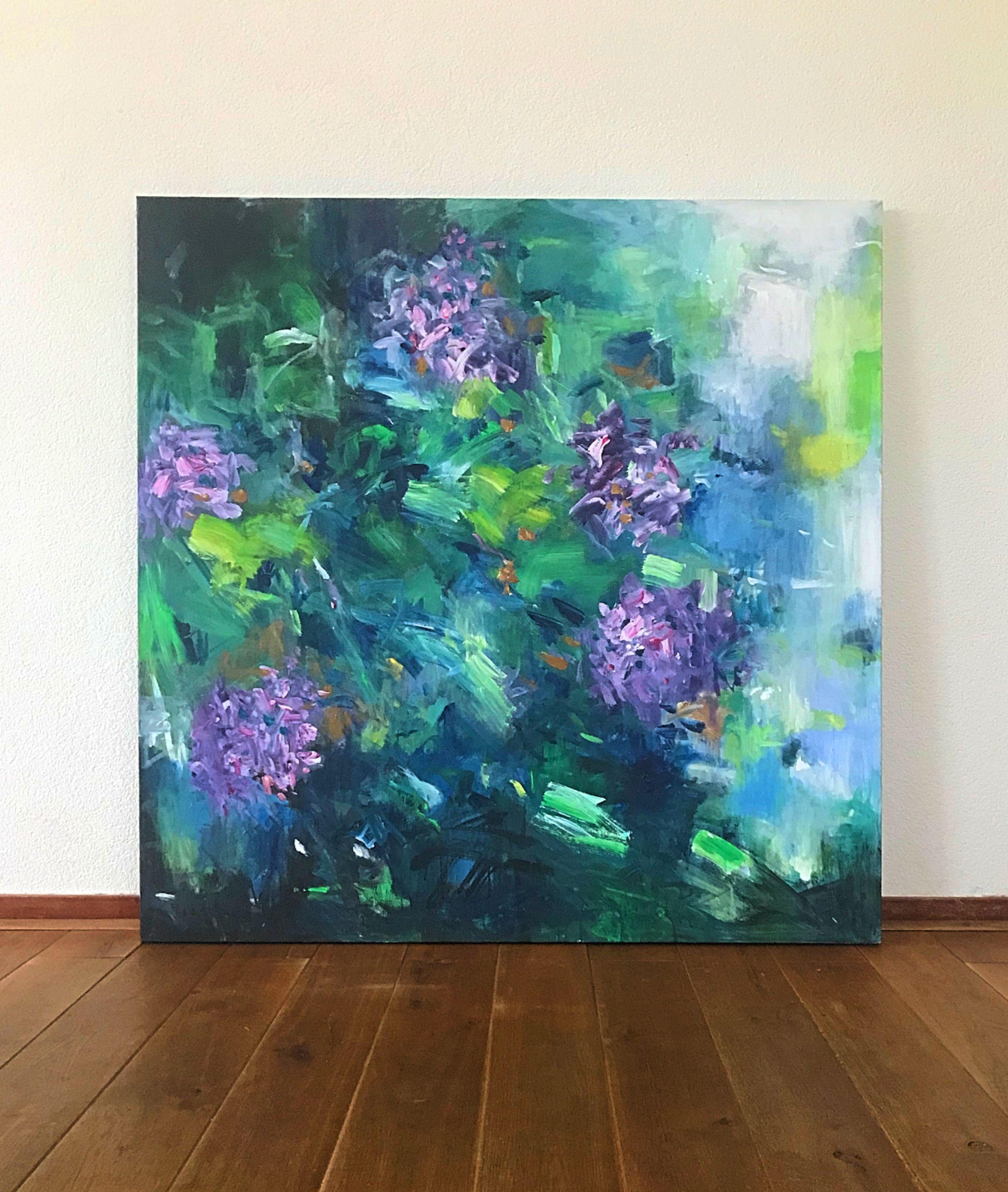 This is an semi-abstract painting of hydrangea blossoms as I have them in my garden.  It is painted in a loose and gestural way. The dark background gives depth to the painting, it makes the blossoms pop up. It is a joyful and happy painting,