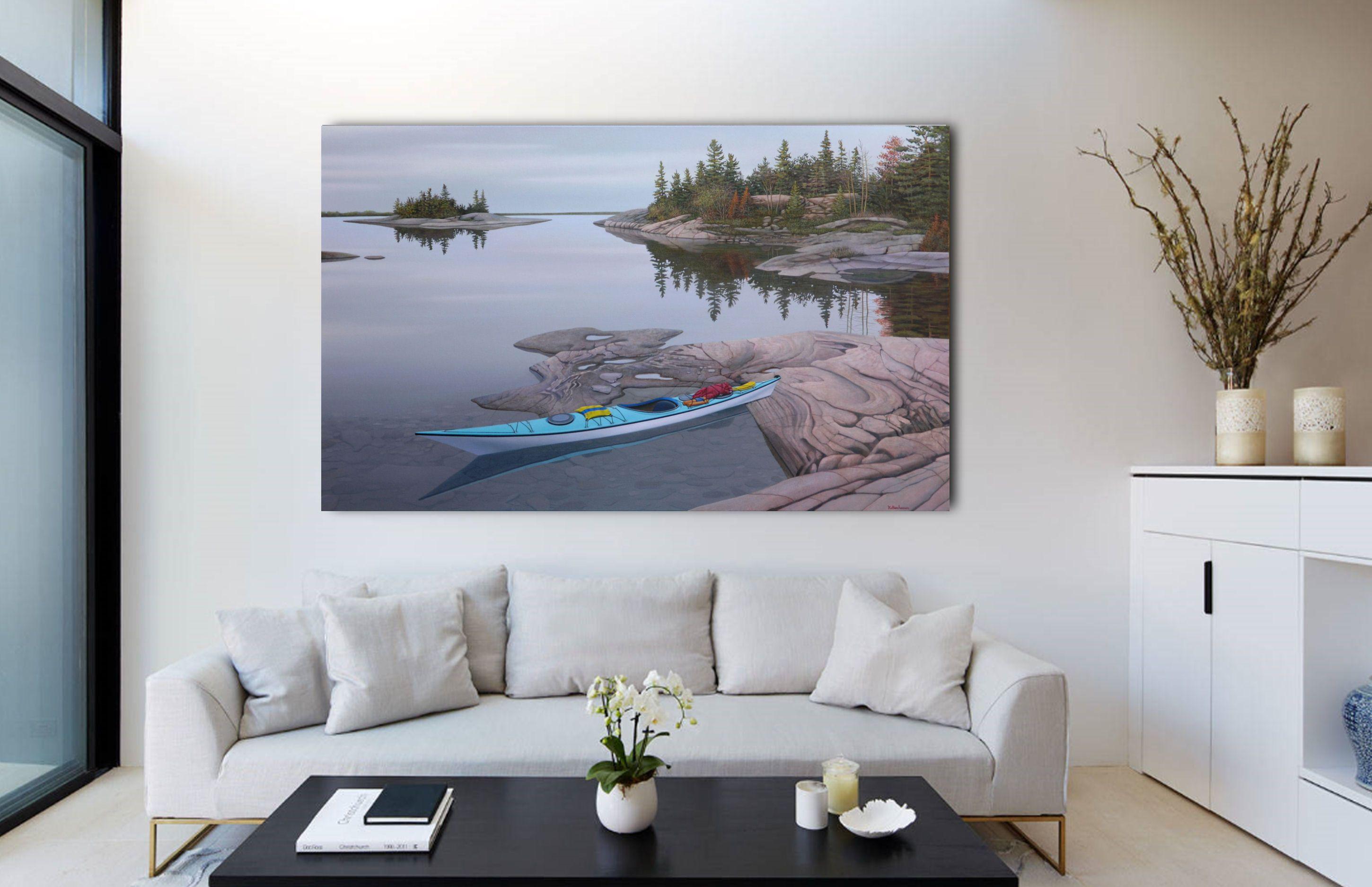 Lone Kayak, Painting, Acrylic on Canvas For Sale 1