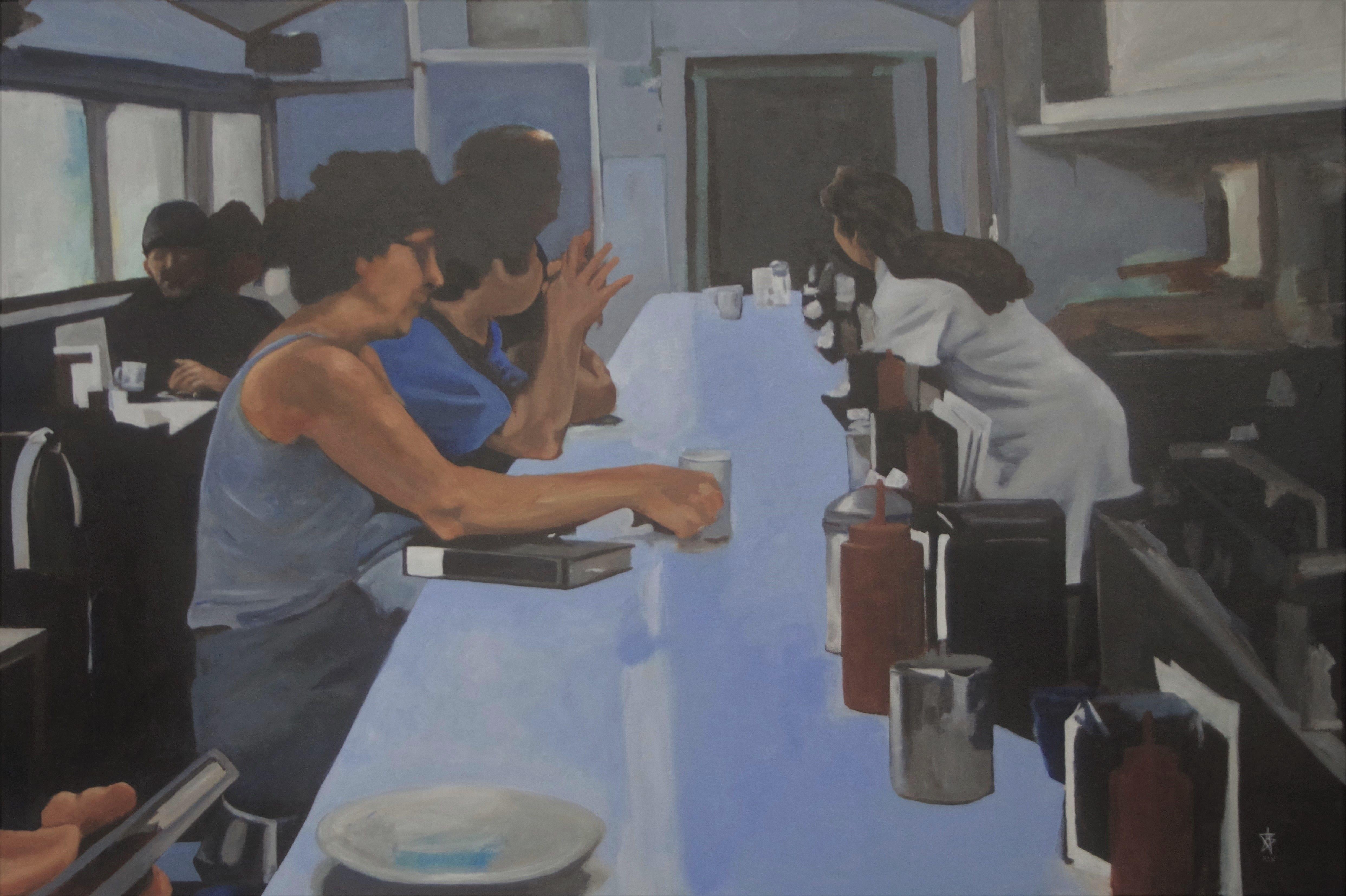 Set inside a classic diner, a scene of people communing around food. I always loved diners for their democracy and their patterns. Oil and some acrylic on cotton canvas stretched over a pine frame with unpainted sides. Can be hung as is or framed by