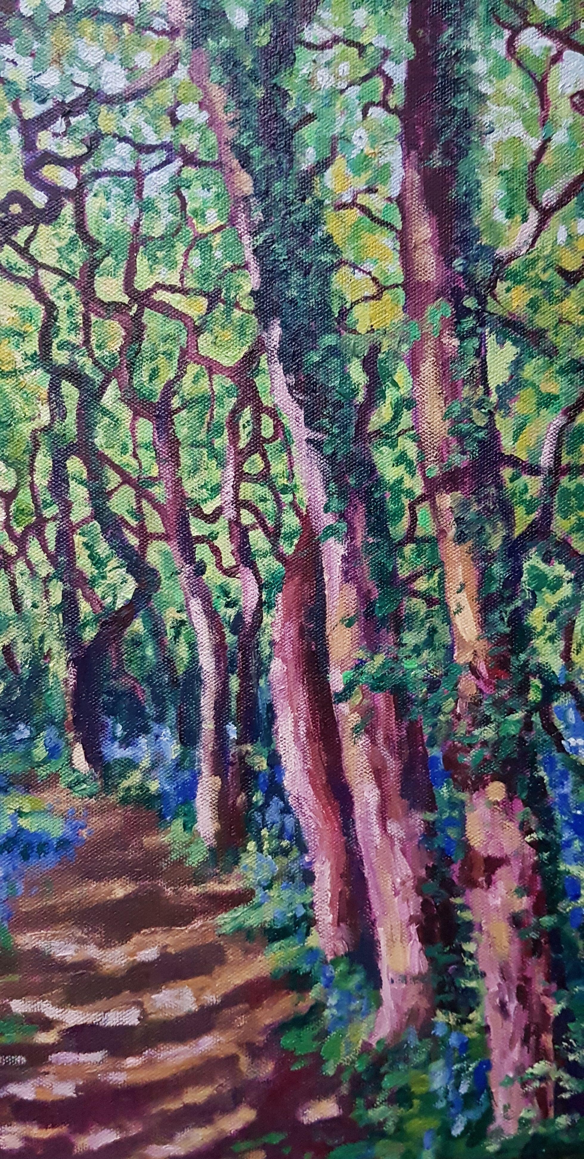 Contemporary Impressionism.    Impressionistic oil painting of the ancient gnarled oak forest of The Dizzard in Cornwall, Millook woodland reserve with bluebells in spring.    This contemporary painting continues around the edges so there is no need