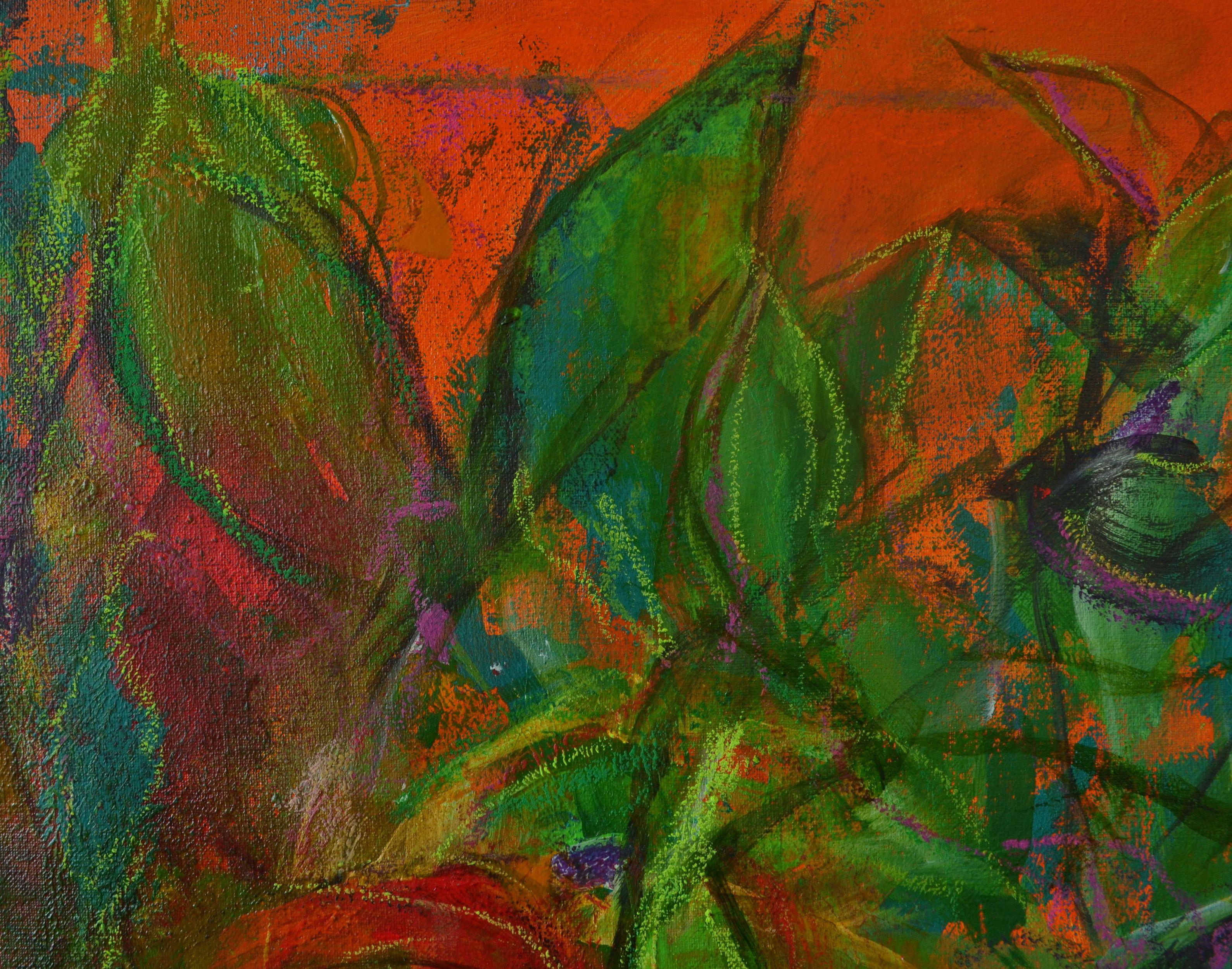 A beautiful bright floral mixed media abstract painting on self stretched canvas.  The colors suggest a feeling of fresh plants and flowers.    This abstract is a mixed media painting for which I used acrylic colors and oil pastels. For protection I