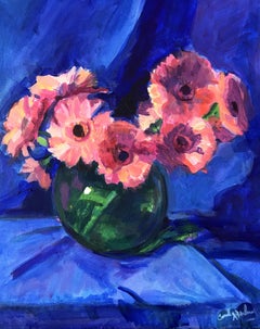 Pink Gerbers, Royal Blue, Painting, Acrylic on Canvas