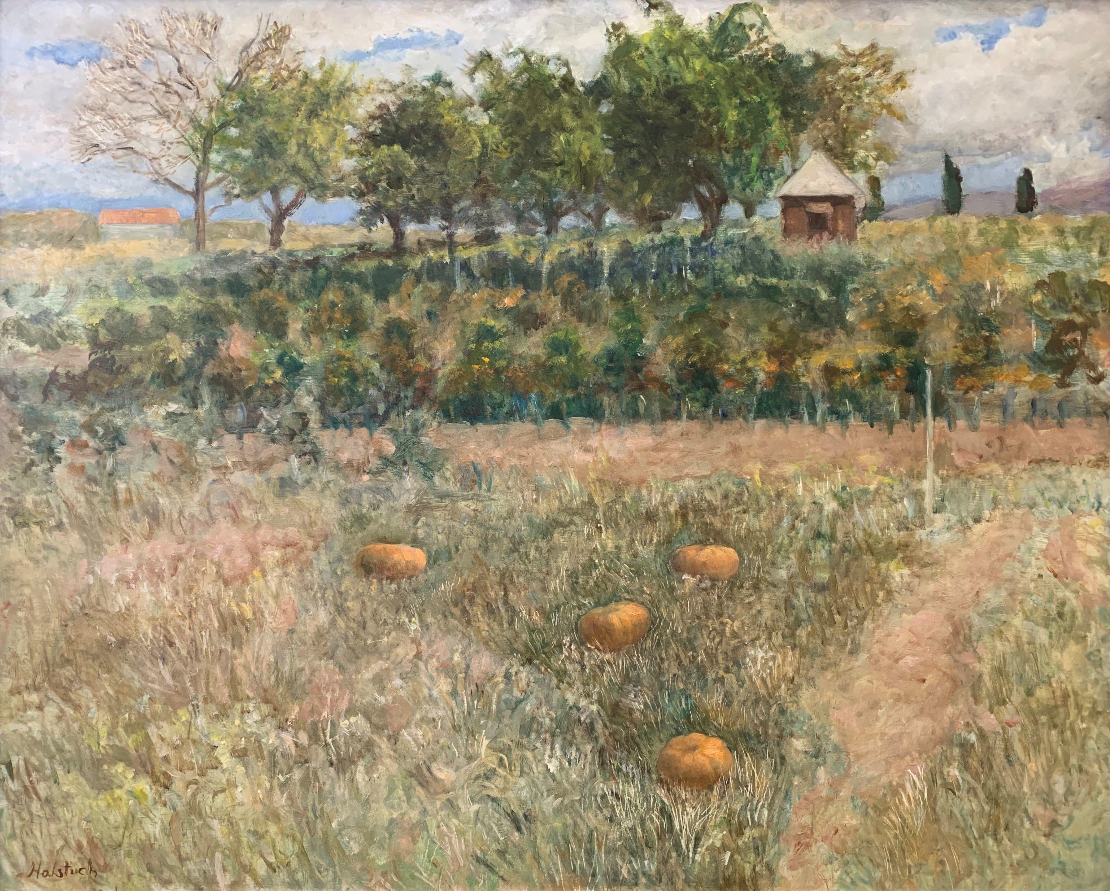 Campo di zucche, Pittura, Olio su pannello di legno - Painting di Helene Halstuch