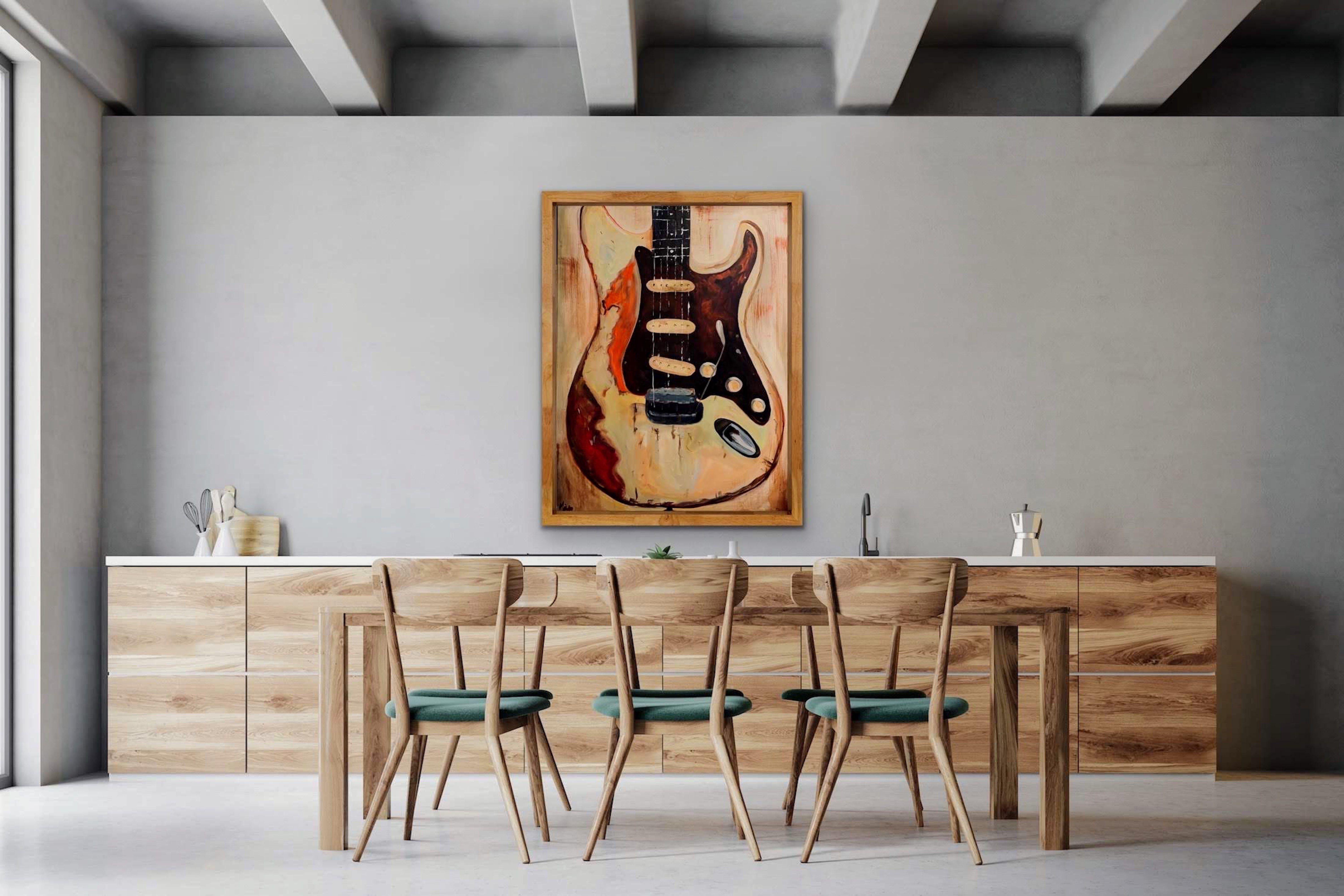 Vintage Fender Guitar in Natural tones. :: Painting :: Contemporary :: This piece comes with an official certificate of authenticity signed by the artist :: Ready to Hang: Yes :: Signed: Yes :: Signature Location: Bottom Left :: Canvas :: Portrait