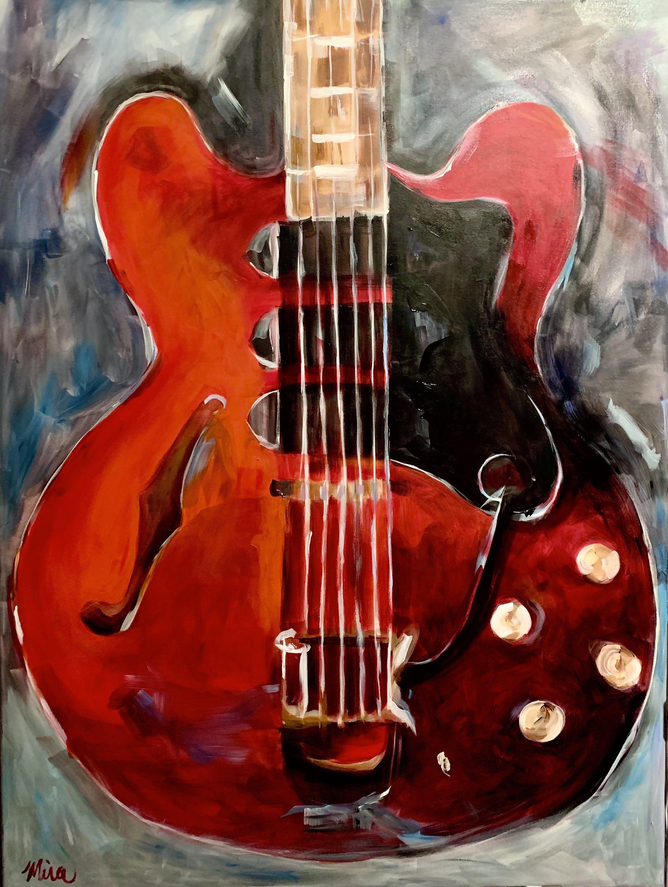 Contempory and colorful painting of a red Epiphone guitar.  :: Painting :: Contemporary :: This piece comes with an official certificate of authenticity signed by the artist :: Ready to Hang: Yes :: Signed: Yes :: Signature Location: Bottom left ::