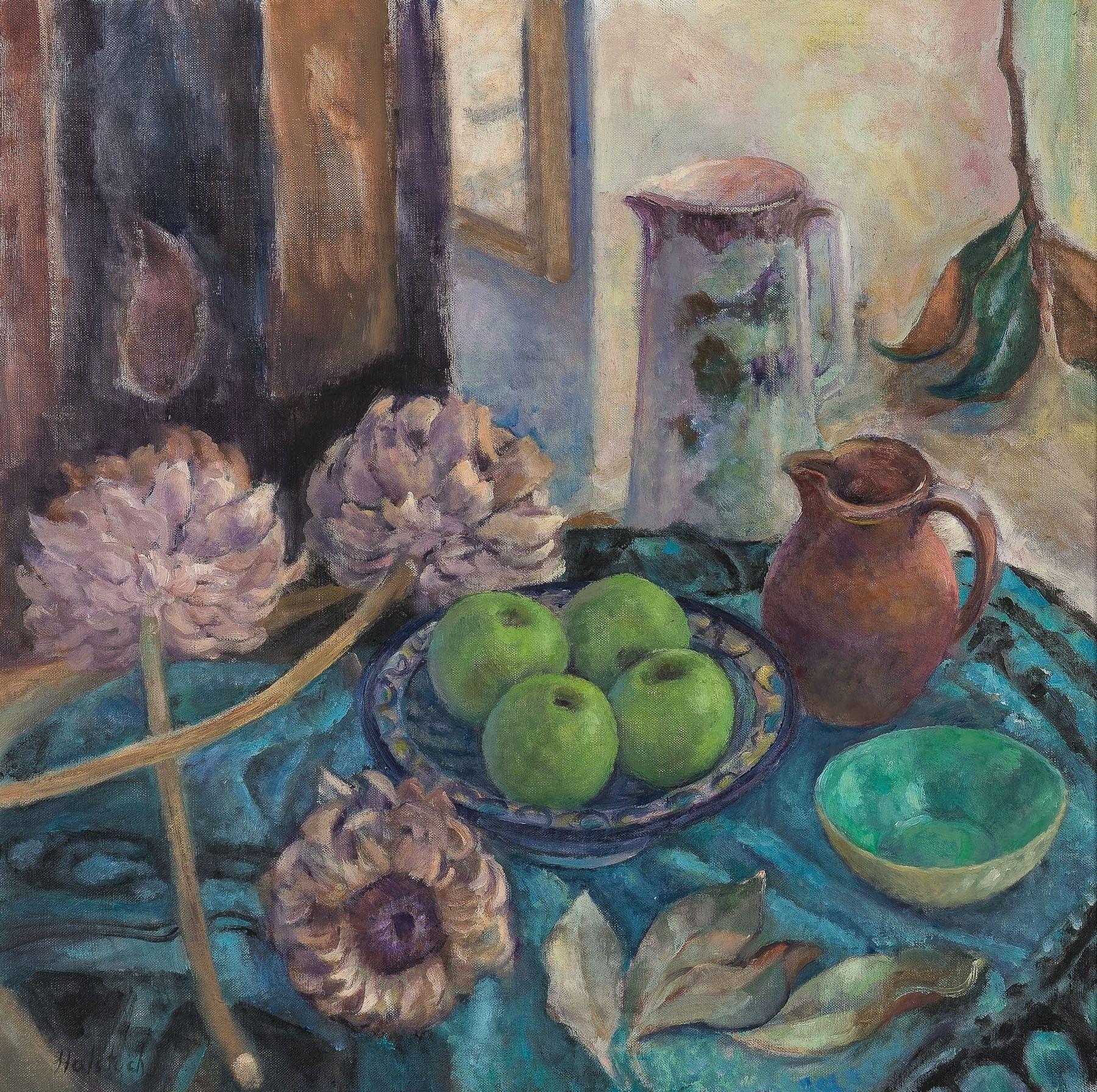 Mele verdi, Pittura, Olio su tela - Painting di Helene Halstuch