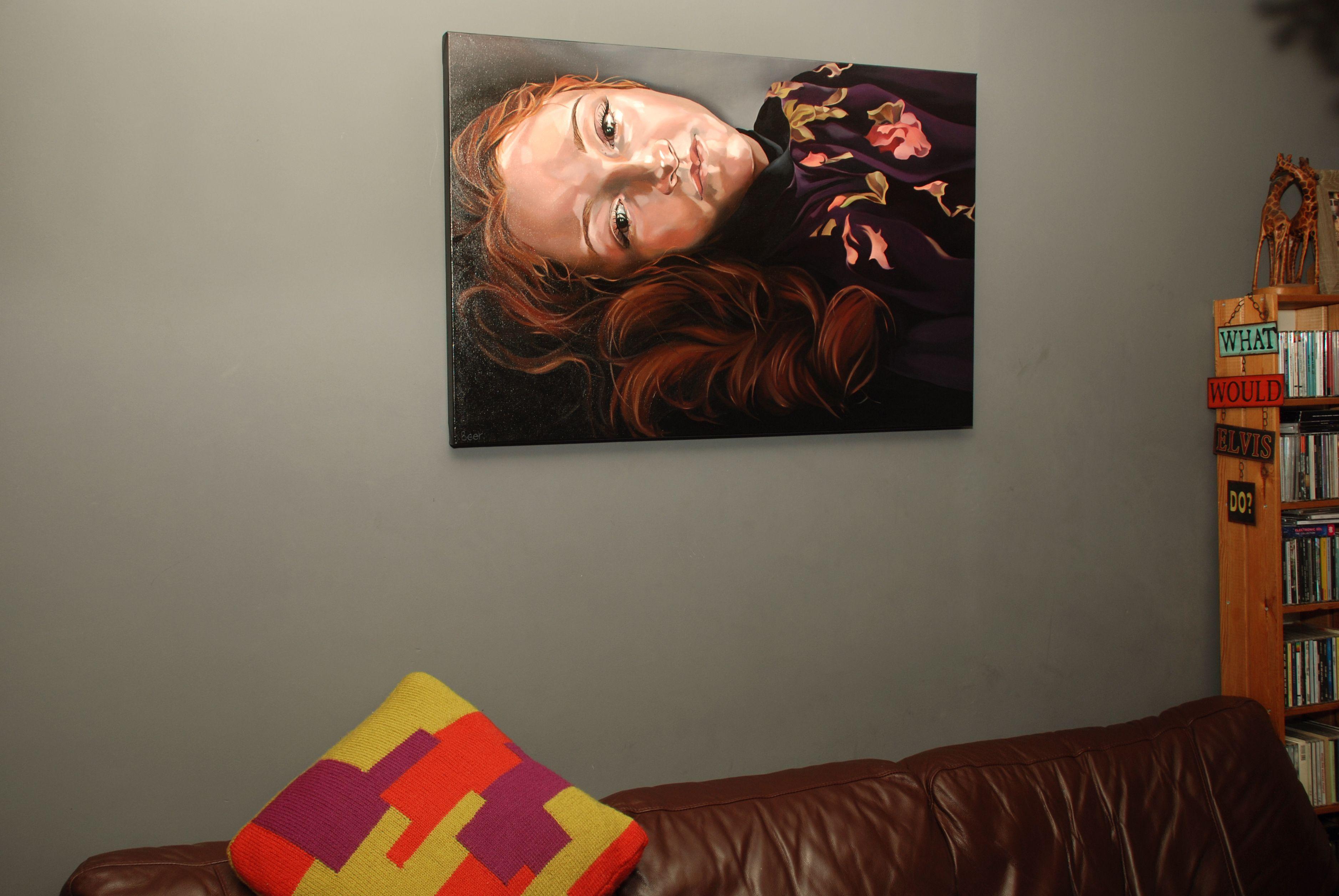 I asked this young woman to lay on the carpet for this sitting. I wanted to focus closely on her quirky fresh face and wonderful russet hair.    It has a lot of sumptuous colour- deep plum, black, umber, charcoal grey...which gives her an