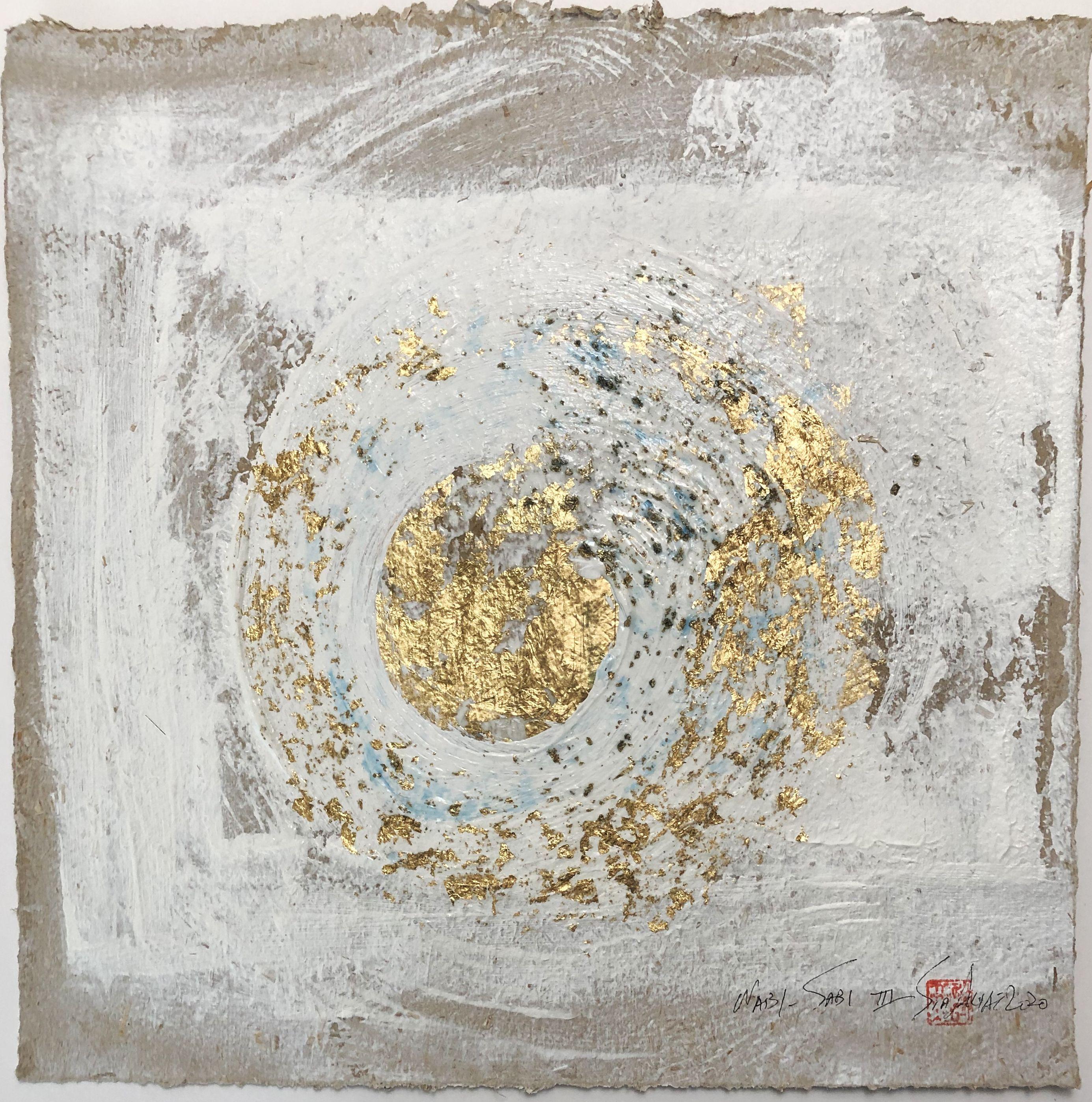 Sia Aryai Abstract Painting - Wabi-Sabi.III gold Leaf/Japanese parchment, Painting, Acrylic on Paper