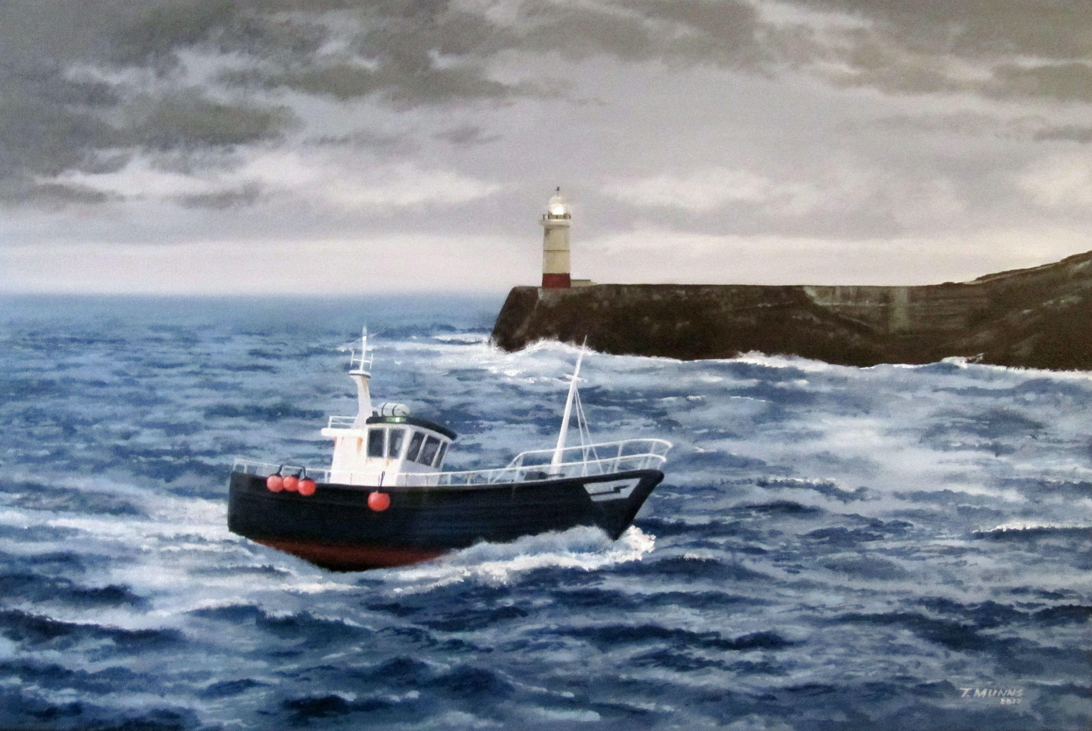 A medium sized unframed original acrylic painting showing a storm-lashed trawler returning to the safety of its home port.     The canvas edges are painted so that the artwork may be hung without framing if preferred.     Signed bottom right and