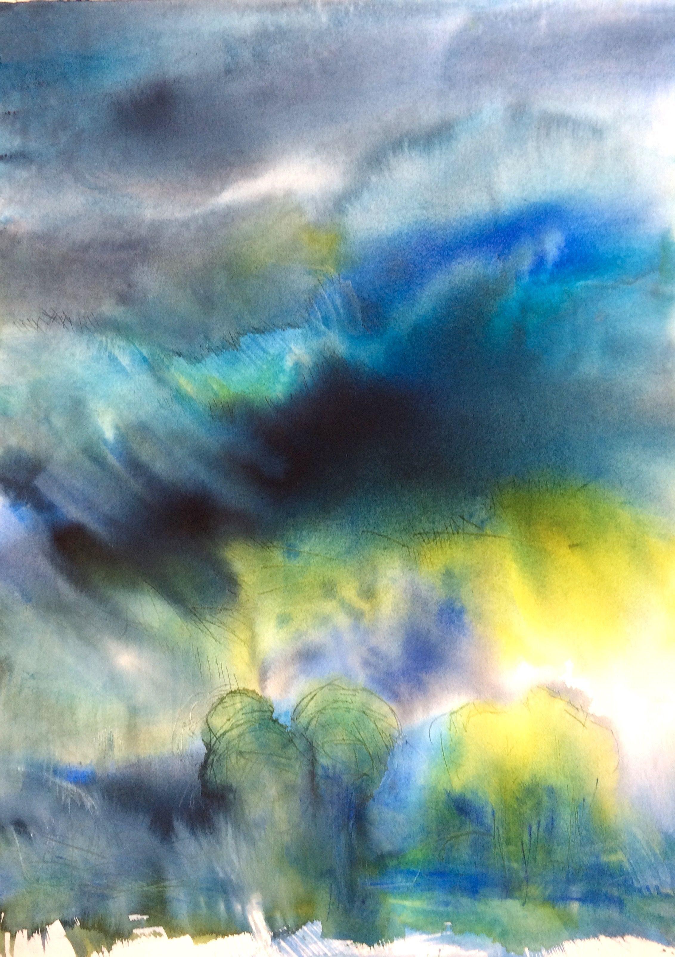 Ein großformatiges zeitgenössisches Aquarell über das fantastische Licht an der Ostsee, wo der wilde grüne Wald die Küste berührt... Ich liebe dieses schöne blaugrün-gelbe Licht, das so besonders für den Norden ist.    76x56 cm, ganzes Blatt,