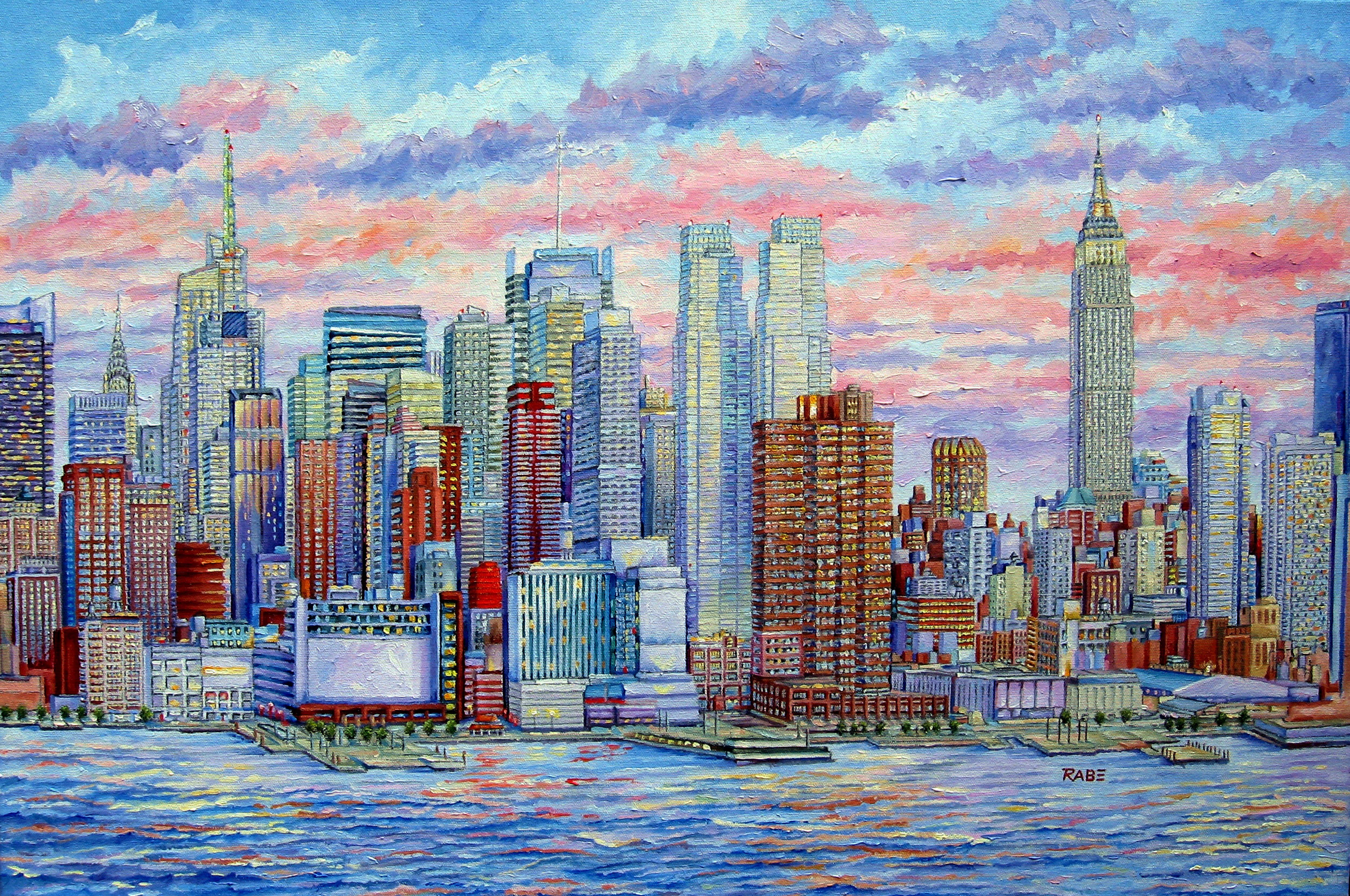 New York City - Manhattan Skyline Hudson River, peinture à l'huile sur toile - Painting de Mike Rabe