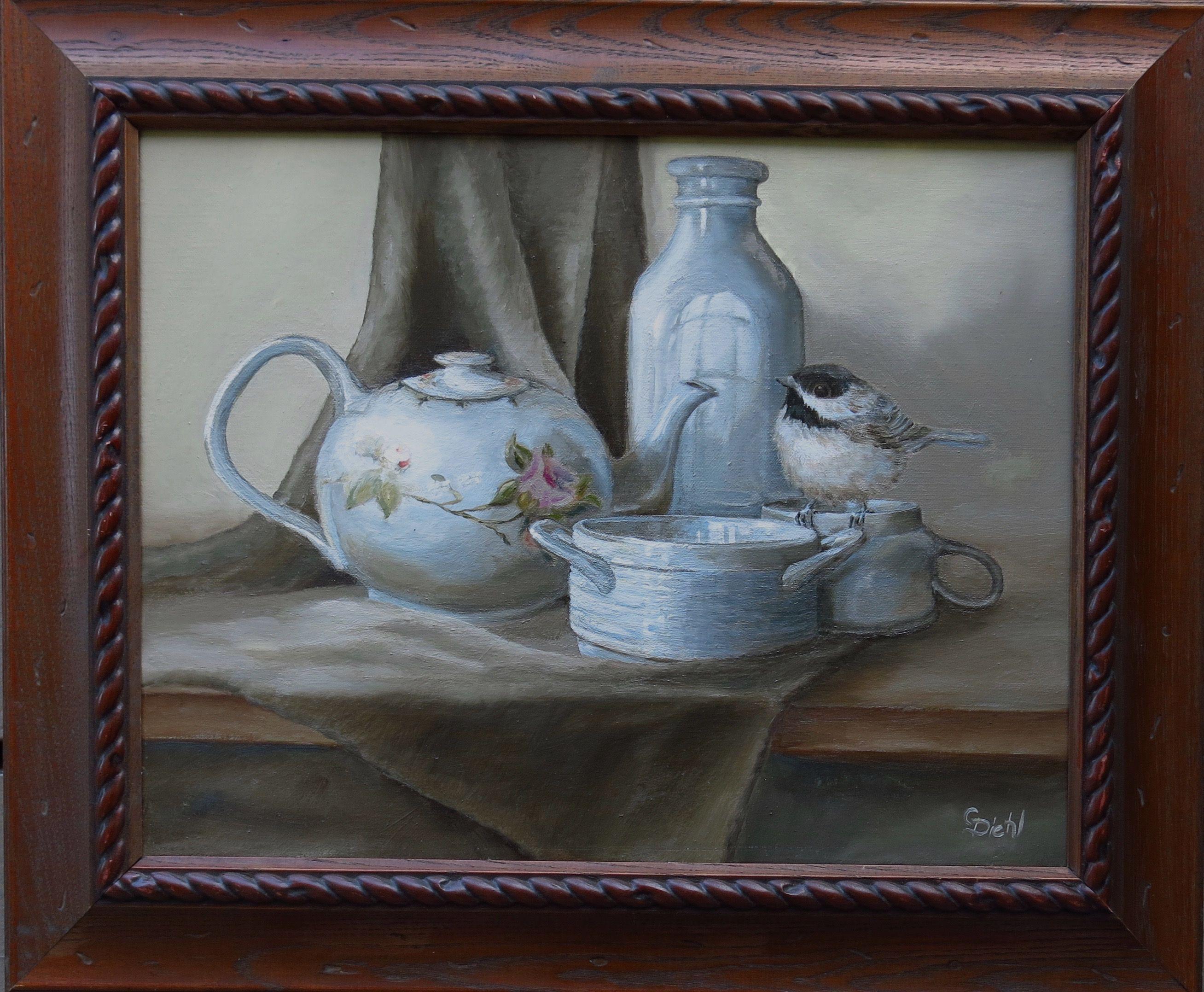 A collection of white ceramic objects fill this original still life painting. A little chickadee bird is shown standing on an inverted tea cup. This fine art was created in oils on a 11