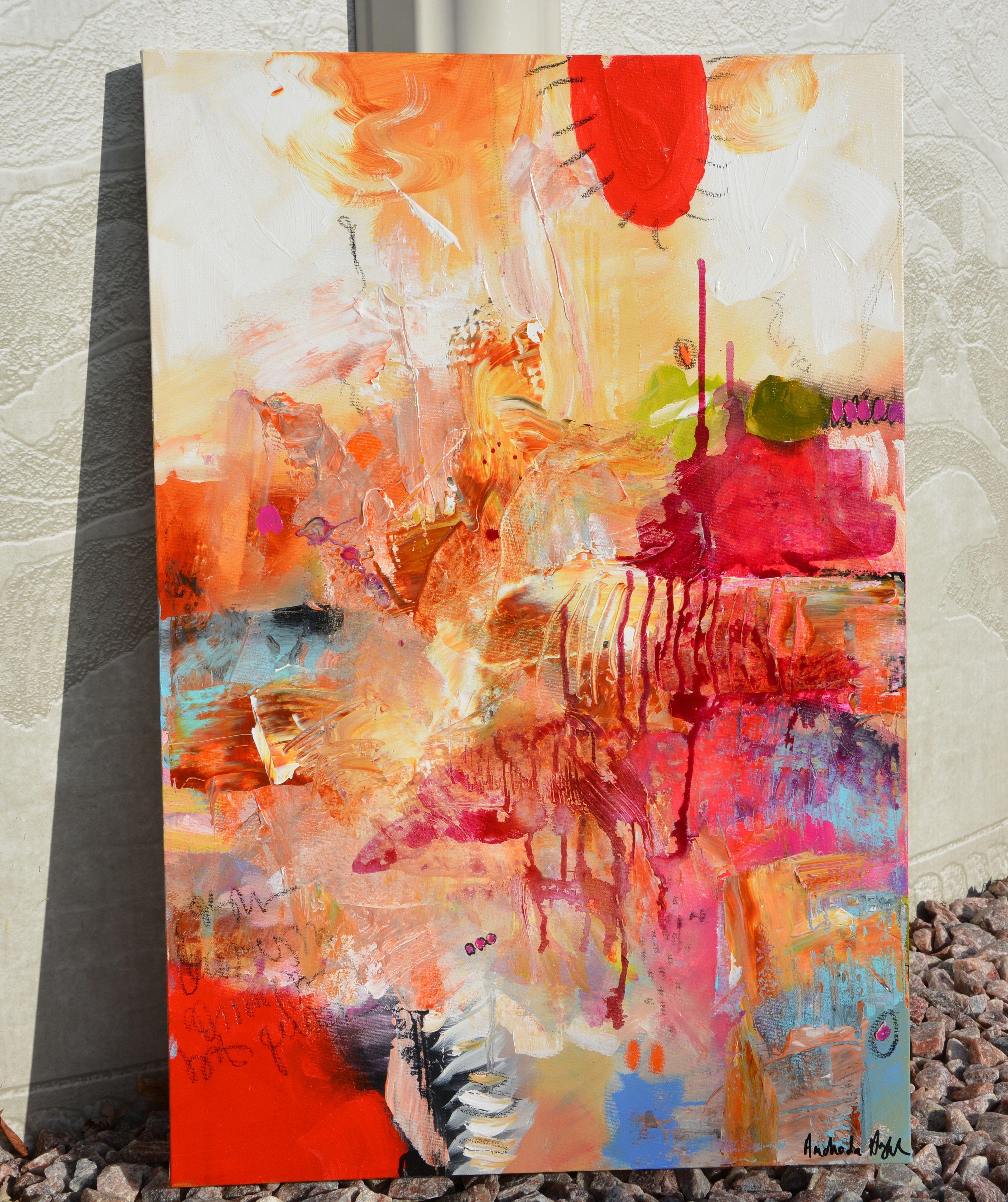 Playground and red sun, Painting, Acrylic on Canvas - Beige Abstract Painting by Andrada Anghel