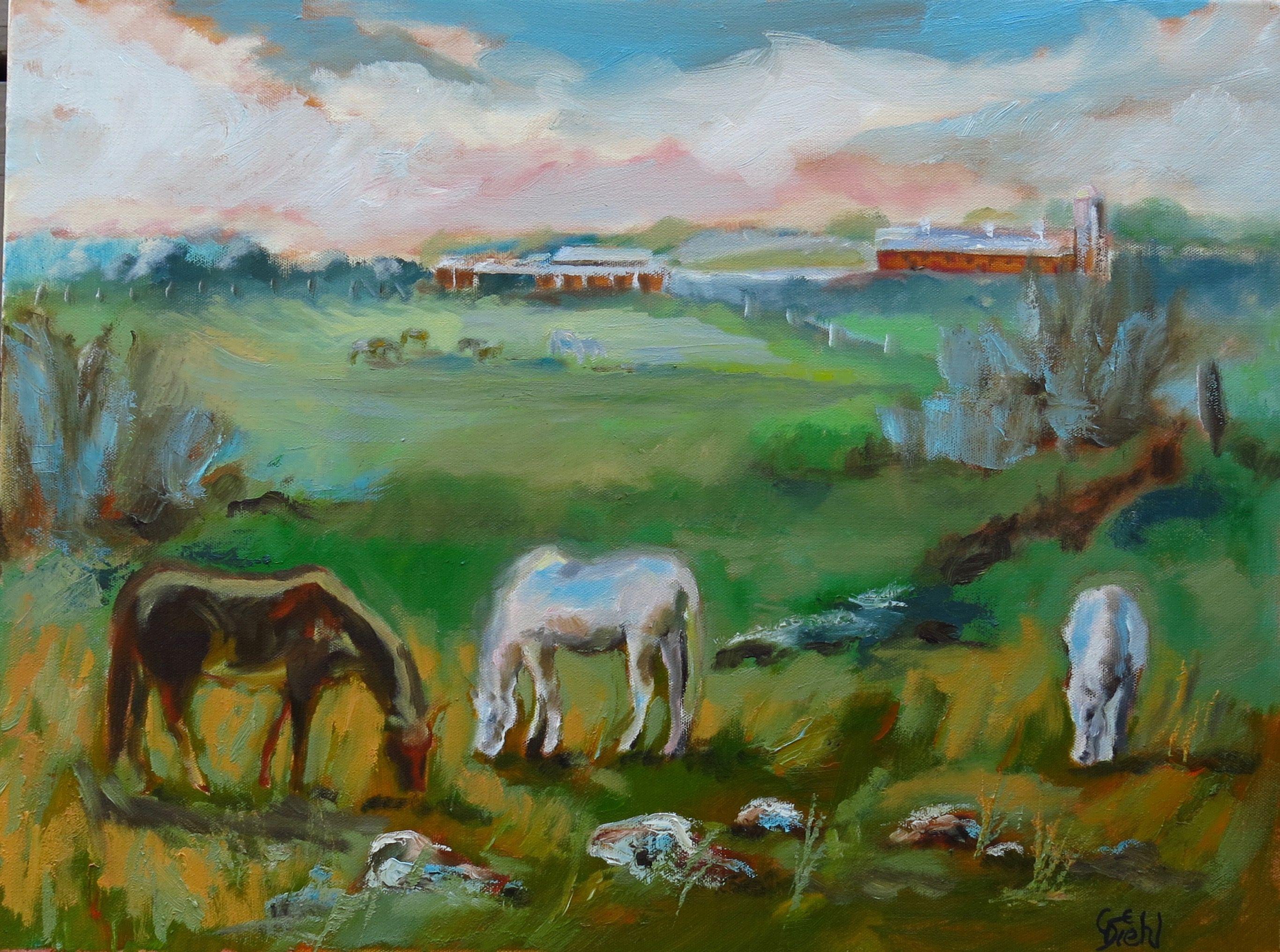 This is a horse farm close to the artist's studio. Farmland is one of the indigenous views of the area.  Light and dark colored horses are grazing in the foreground. A red barn is seen in the far distance.  This unique piece will enhance your