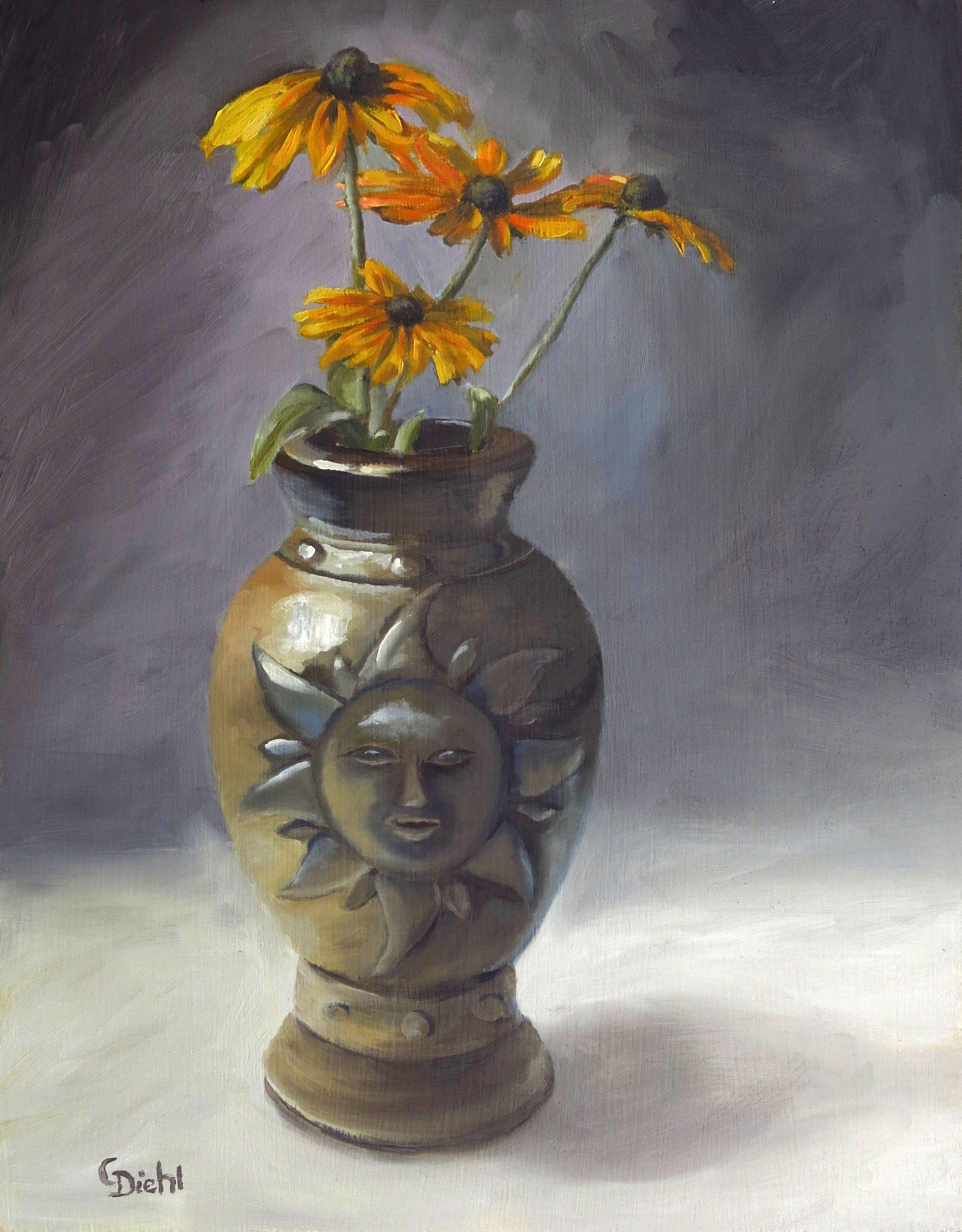 This is a floral, original, still life displaying yellow, garden daisies. They were placed in a vase with a celestial motif on it. I thought this was apropos since I wanted to unite the sunlit, yellow flowers with cheerfulness and also intriguing.