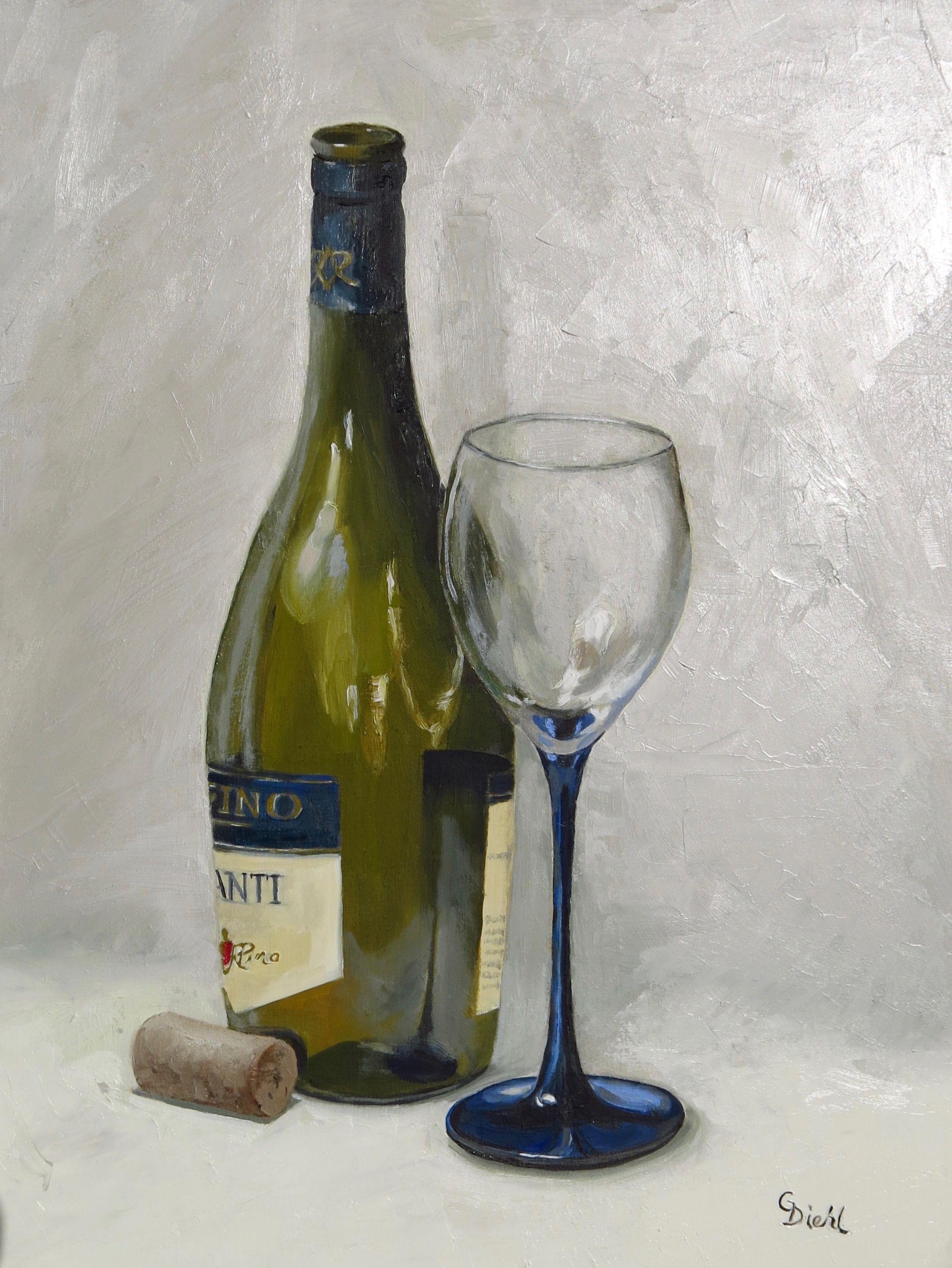 This classic themed original displays a wine glass and bottle. It has been painted in the traditional, realism style on a 11"x14" support. This fine artwork has been framed in a gold frame and is ready to hang. Please note that many frames have been