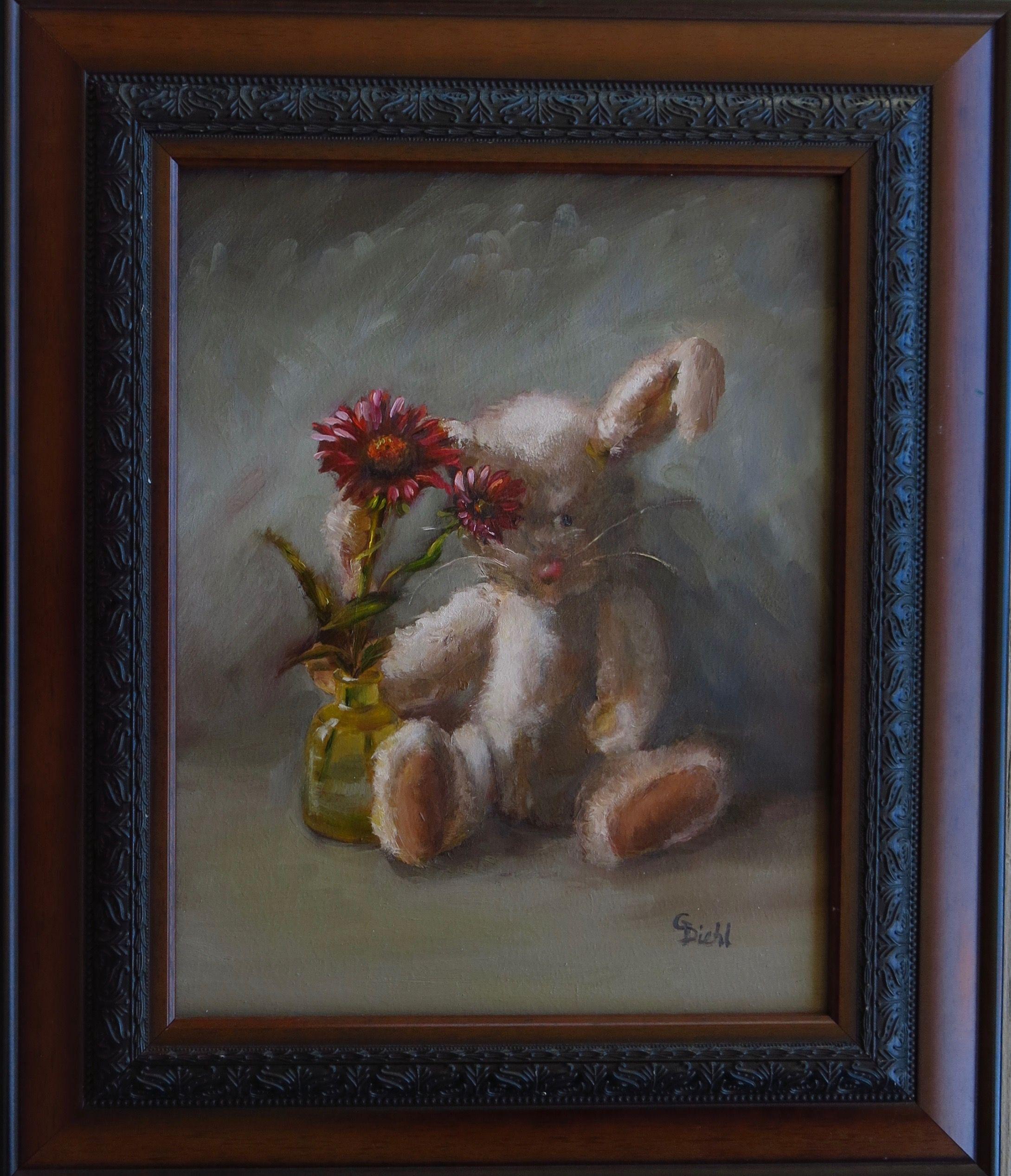 Bunny rabbit stuffed animal is seated next to bright red daisies. They have been painted in oils on a birch support and varnished. The frame used is solid wood. Please note that many frames have been used but not abused and are as represented in