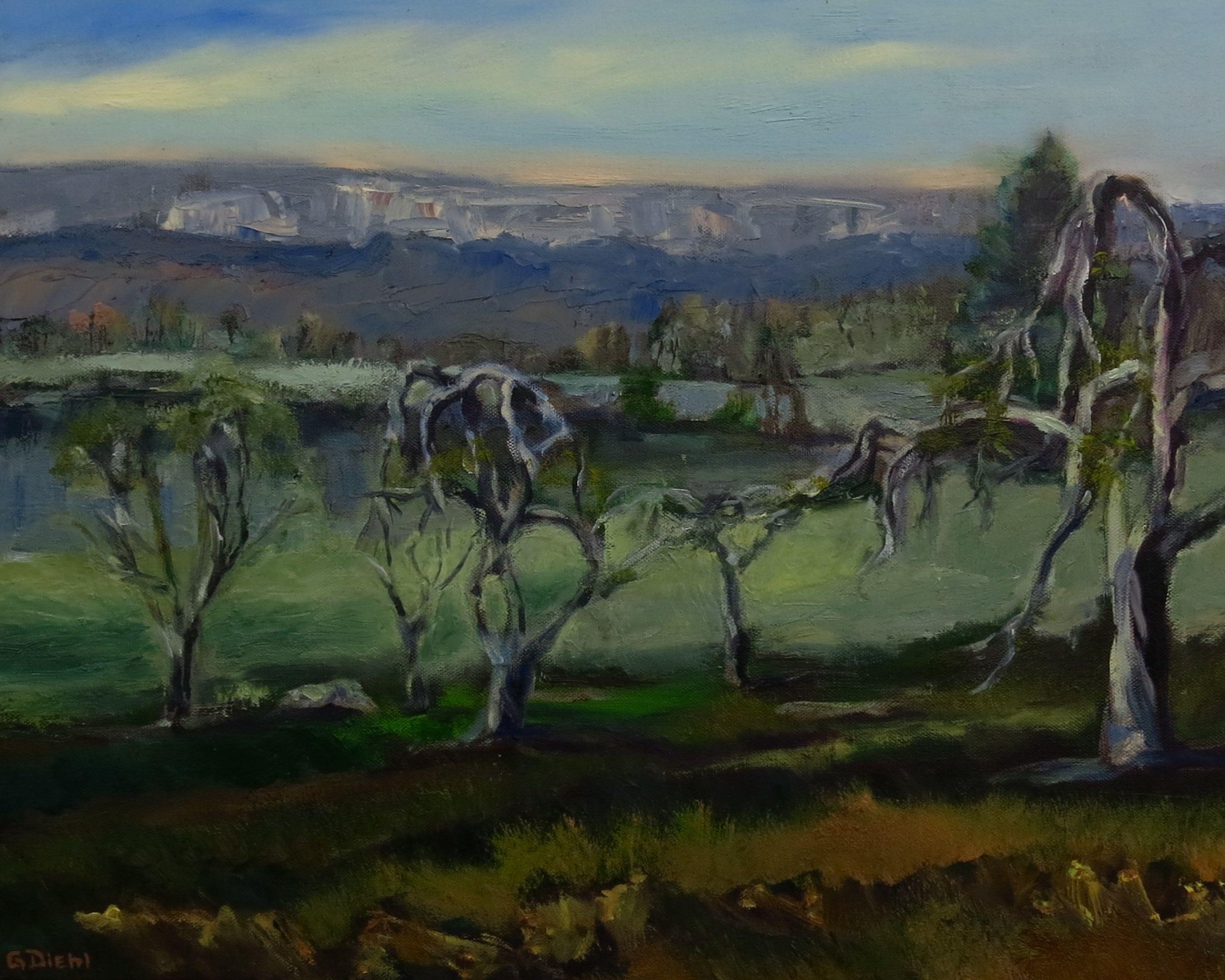 In this representational, oil painting of the New Paltz area of New York, USA, bare apple trees are featured. Characteristic of these trees are their twisted appearance. In the background, the Mohonk Mountains are displayed;  a favorite spot for