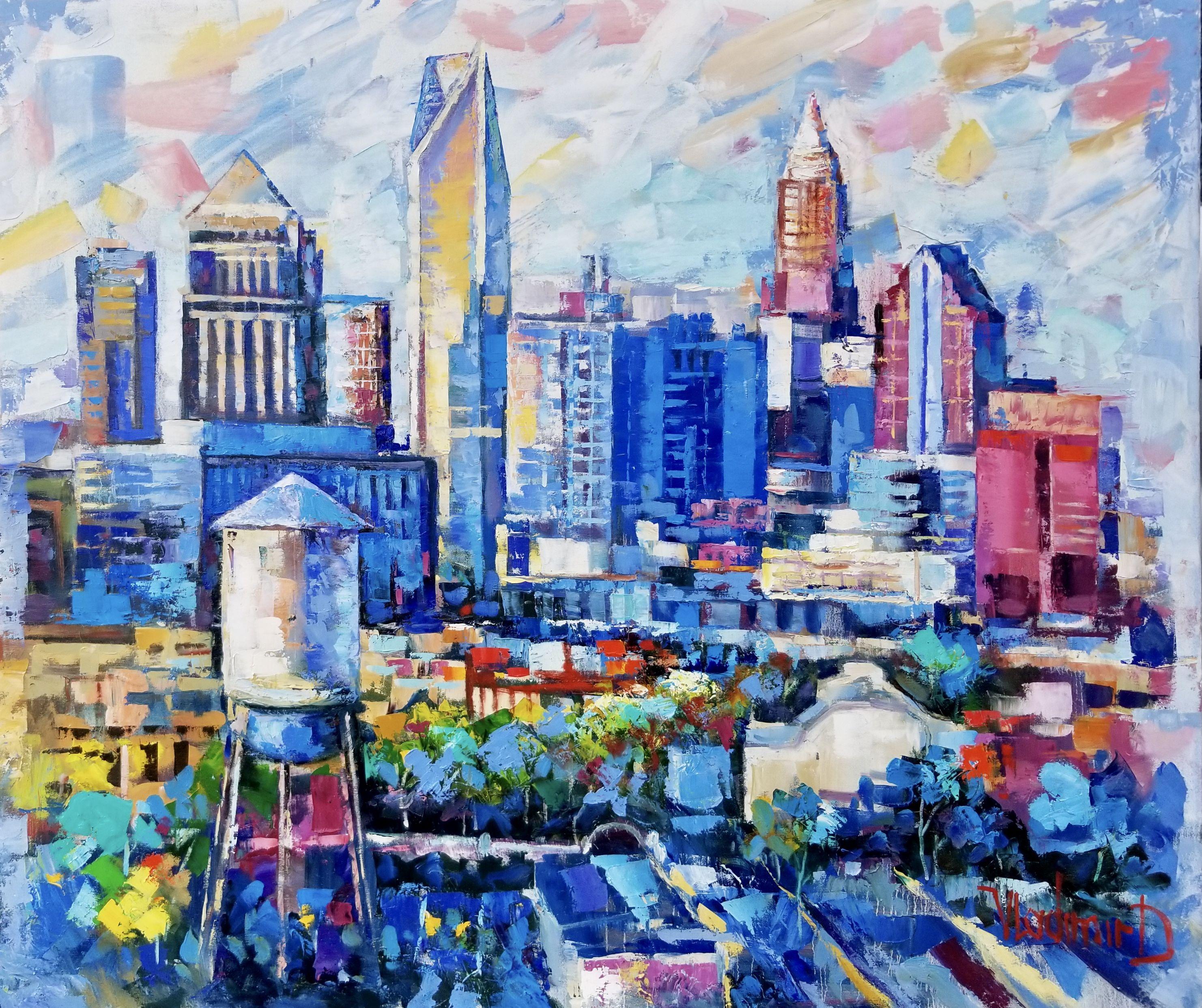 Colorful contemporary oil painting city of Charlotte,NC using knife palette technique, expressionism style  :: Painting :: Contemporary :: This piece comes with an official certificate of authenticity signed by the artist :: Ready to Hang: Yes ::