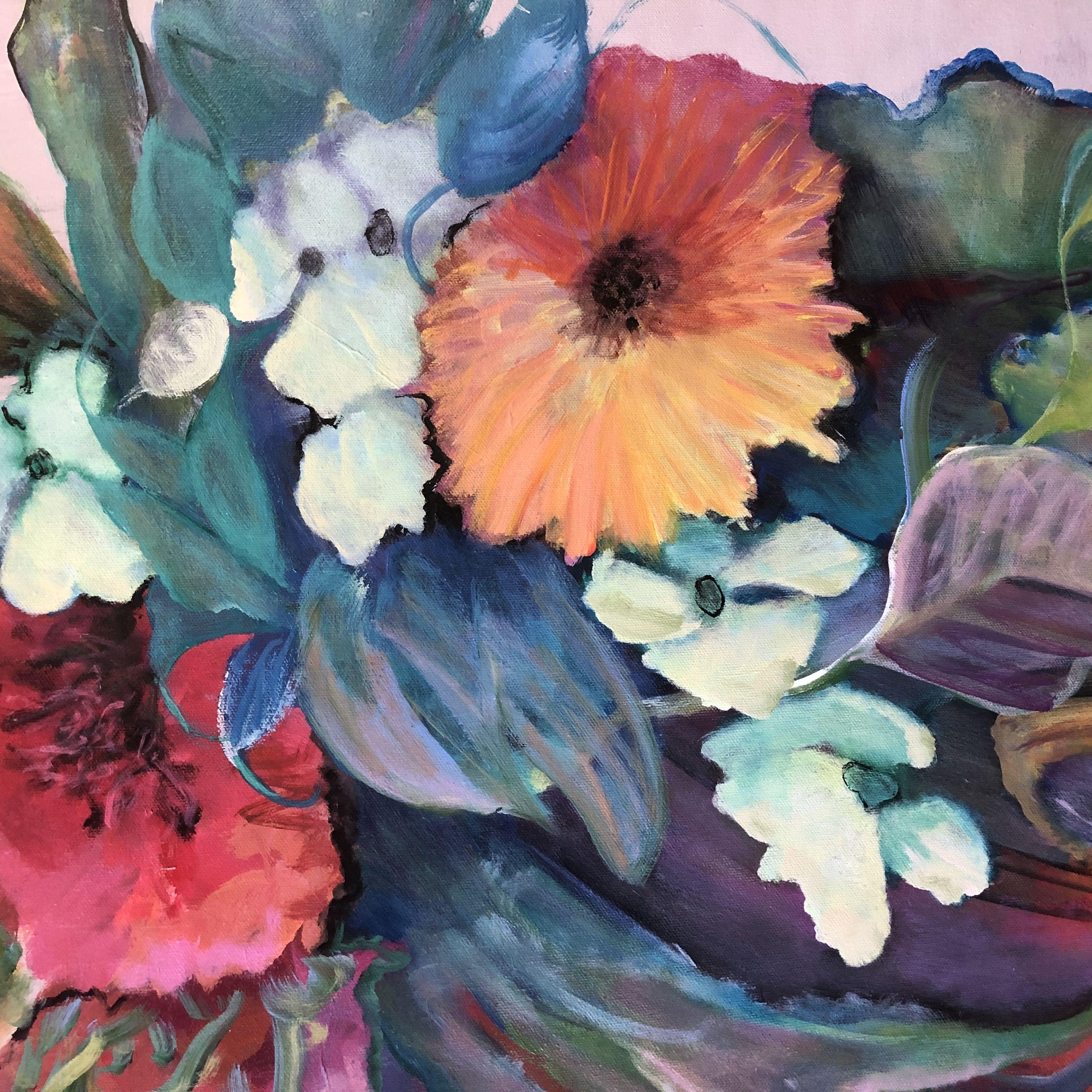 An explosion of colorful flowers fill the canvas. Will actiate any room with these warm and vibrant colors,  :: Painting :: Contemporary :: This piece comes with an official certificate of authenticity signed by the artist :: Ready to Hang: Yes ::