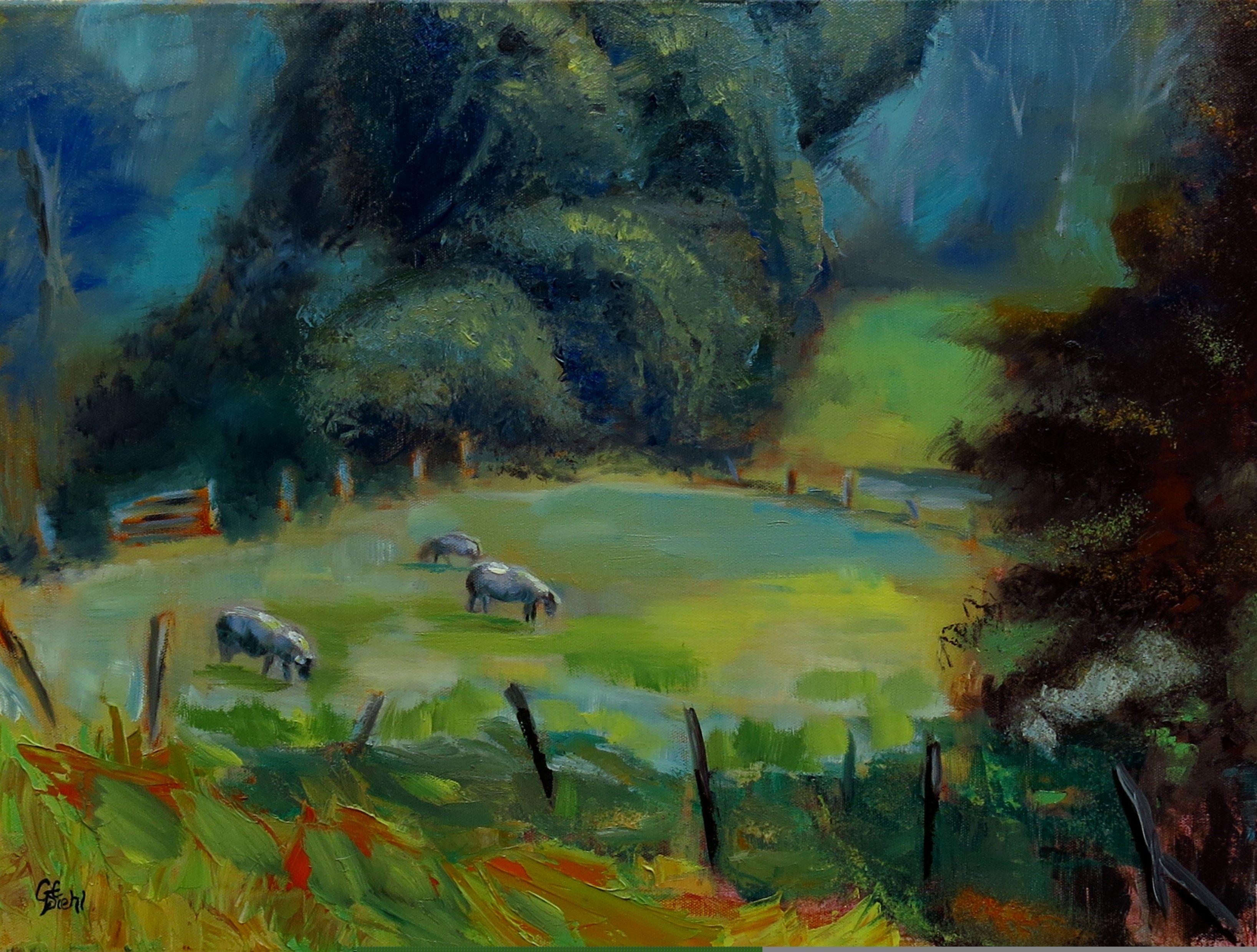 This scene was taken in the small town of Amenia, NY. Upon a visit, I came across this country area of sheep grazing in a meadow and was inspired to paint it. This original oil painting was produced on a 18"x24" stretched canvas.  This unique piece