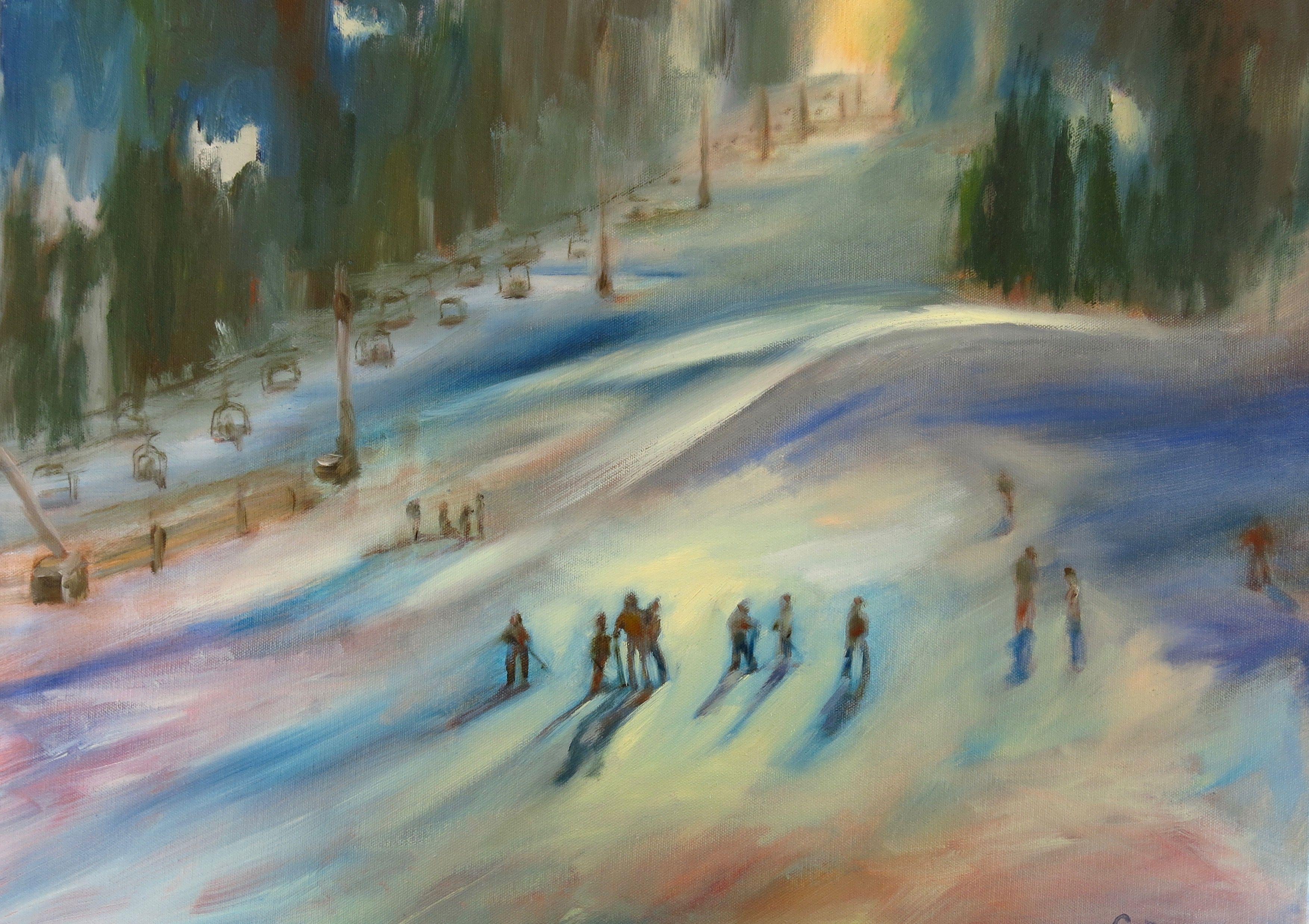 Off to the slopes sounds like a plan on this bright day.  Viewed from the chair lift is a group of newbies learning to ski. This colorful landscape painting was created in oil paints on a 18"x24" stretched canvas.  This unique piece will enhance