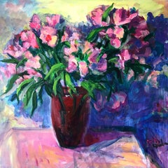 Alstroemeria in Red Vase Two, Peinture, Acrylique sur Toile