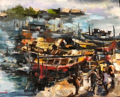 Peinture, huile sur toile « The Boat Dock » (le bateau à quai),