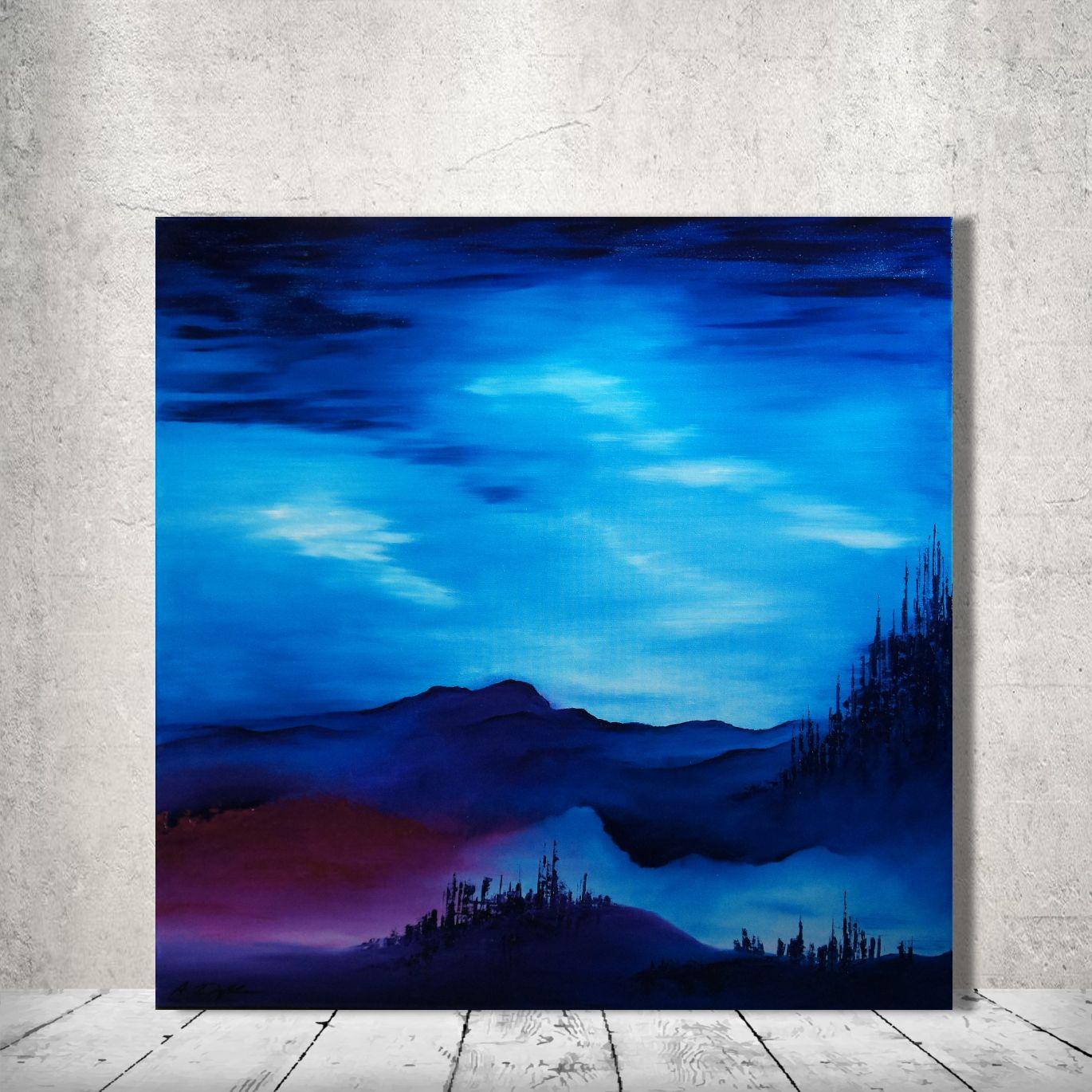 Surrealistic landscape in predominantly blue. A somewhat surrealistic composition, hence the title...    Unique painting using high-quality oil colors on gallery quality canvas on solid wooden 4.5 x 3.0 cm stretcher bars (stapled on the back).