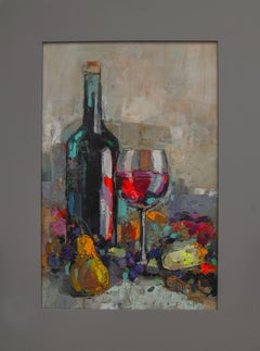 Wine, cheese, fruit, Painting, Oil on Canvas