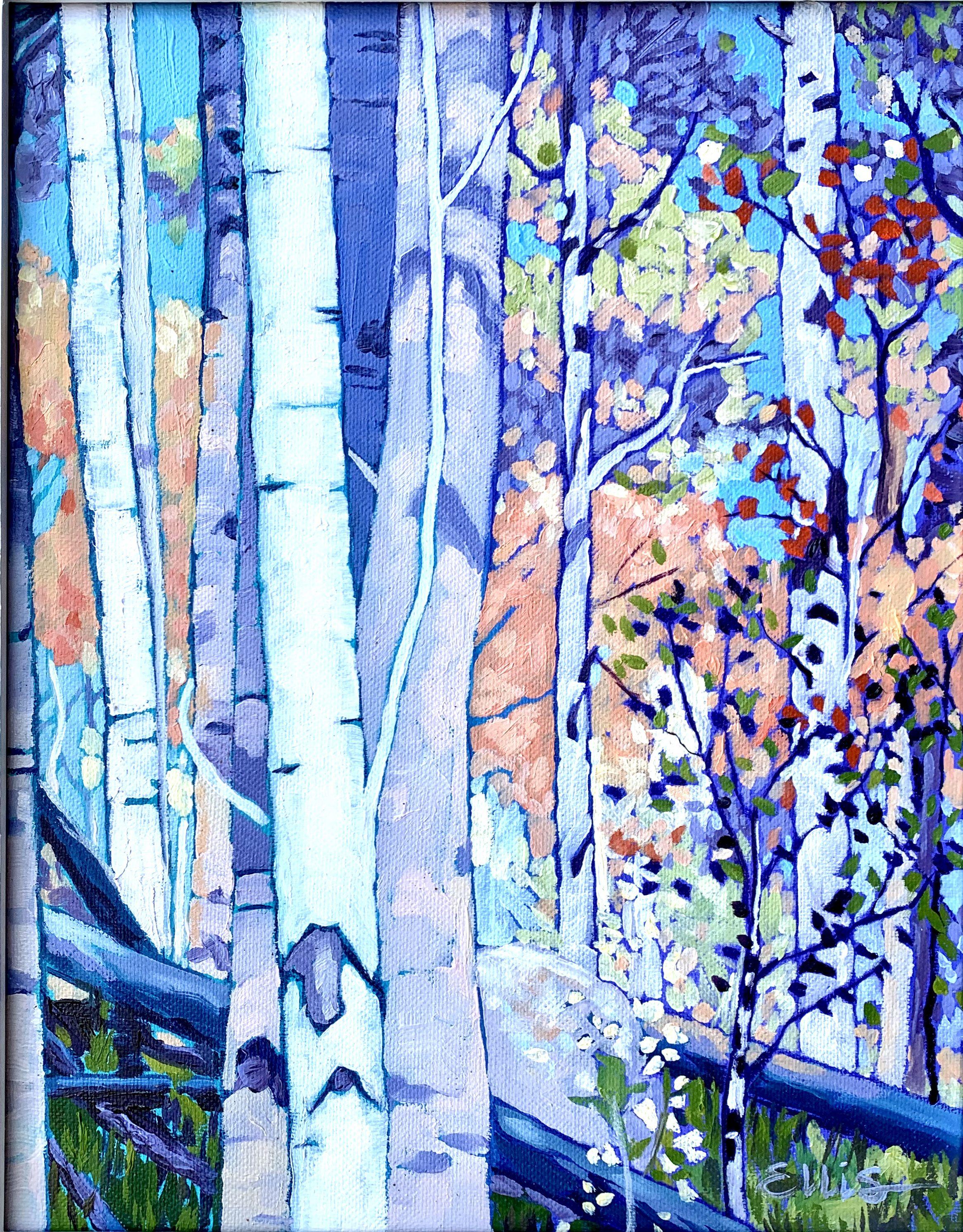 This painting captures the gentleness and quiet of the late summer afternoon. I loved the freedom I found in creating the differently colored leaves, the soaring tree trunks, the splashes of color in the warm summer  woods. I finished the painting