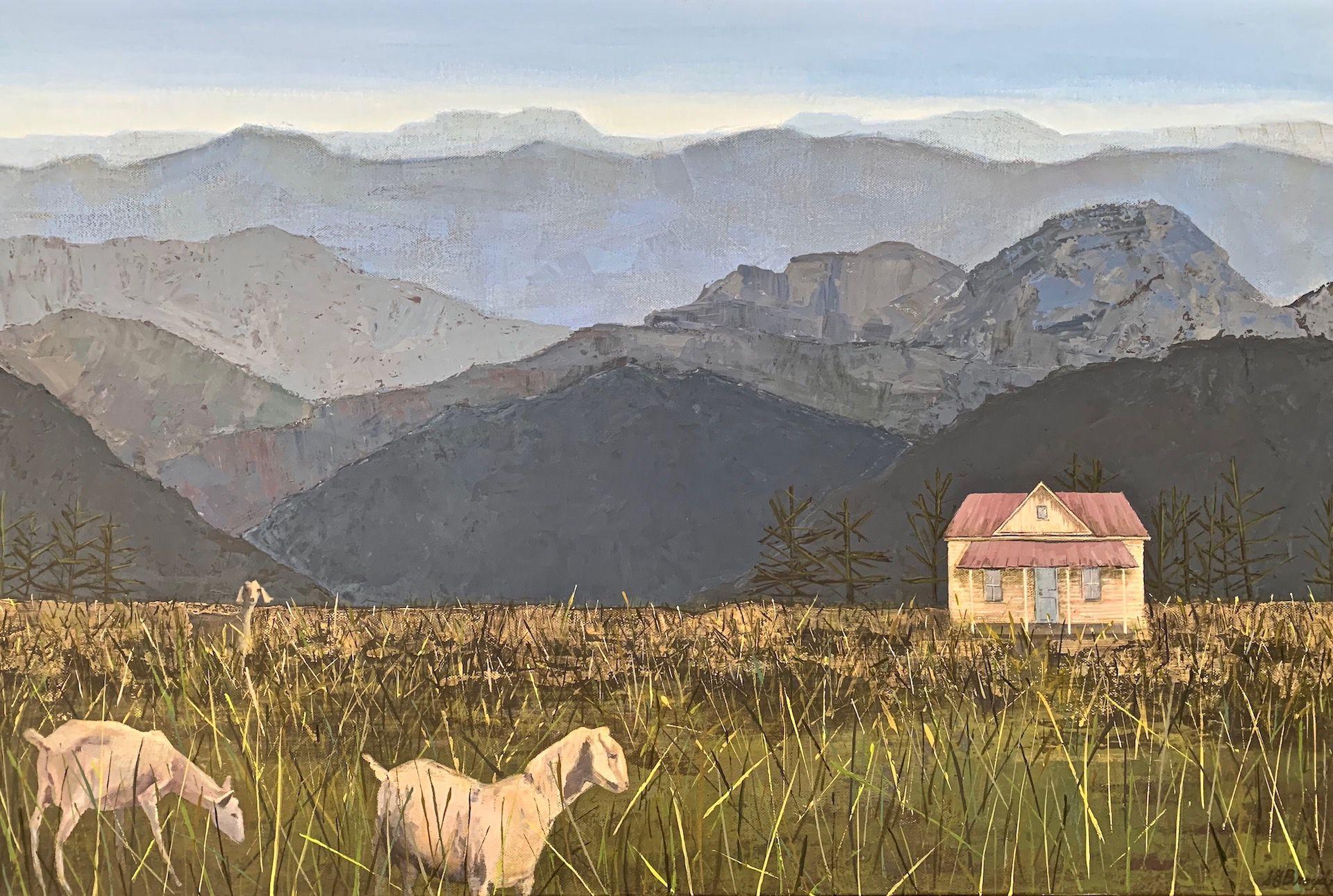 This was painted from my photos and memory of the top of Mt. Ranier, WA, with added house and three of my goats.  :: Painting :: Romanticism :: This piece comes with an official certificate of authenticity signed by the artist :: Ready to Hang: Yes