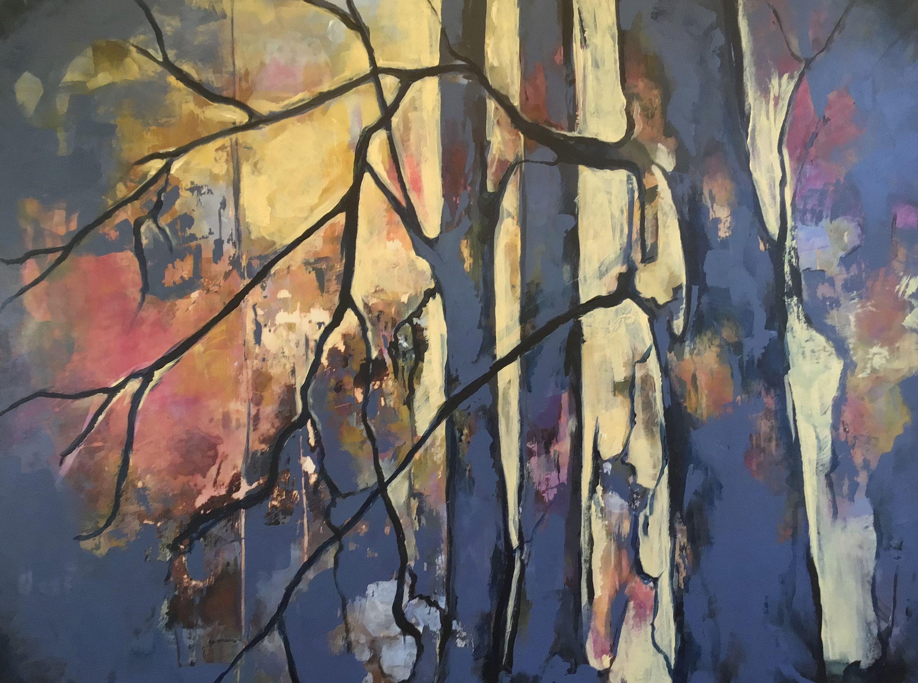 Laverne Chisan Abstract Painting - Twilight Tree House, Painting, Acrylic on Canvas