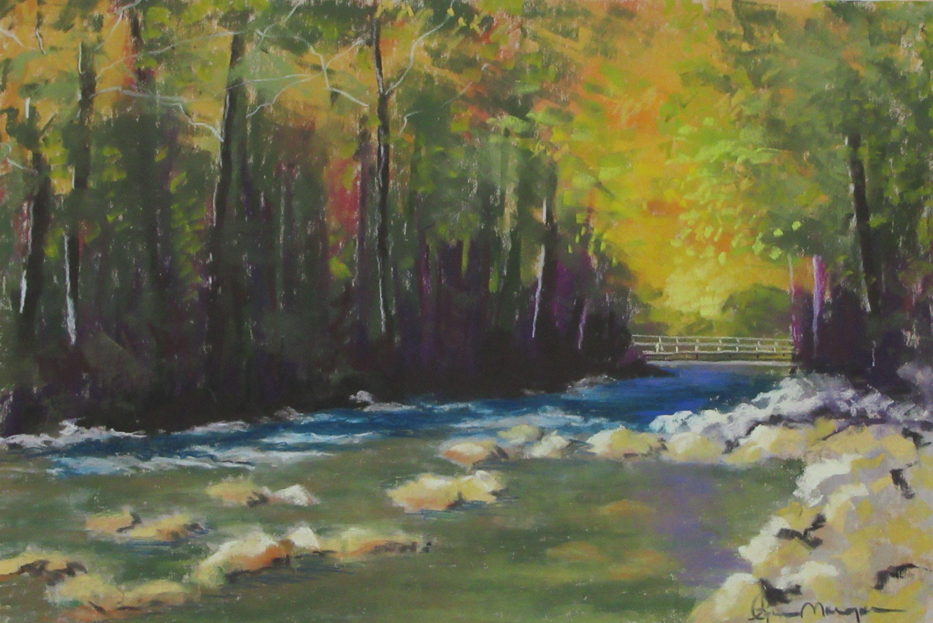 Peinture - Linville Creek, Pastels sur papier de sable pastel - Painting de Lynn Morgan