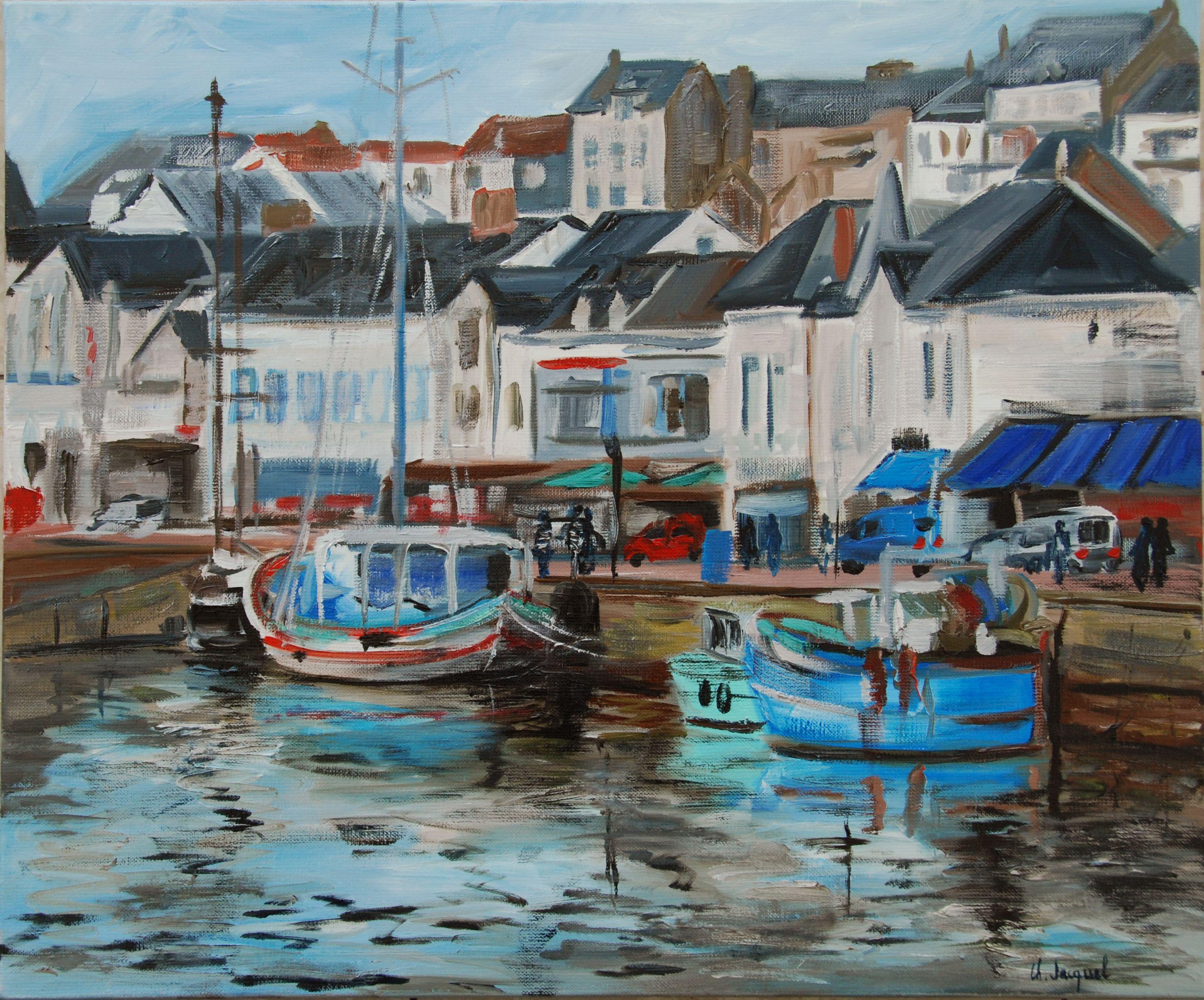 Huile originale provenant d'un port de pêche en France. Pornique, peinture, huile sur toile - Painting de Christine Jacquel