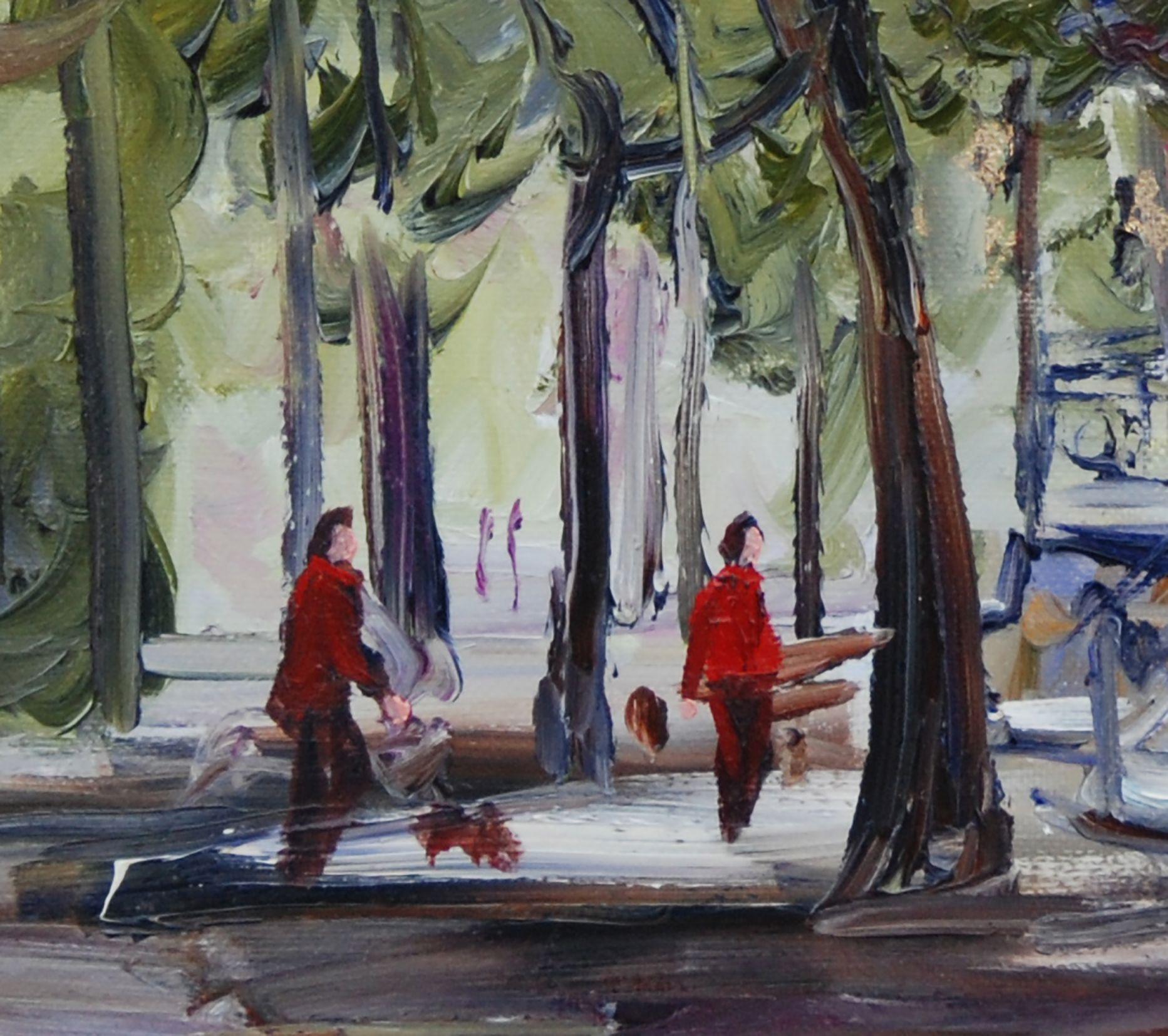 Outdoor oil painting in the morning at 7:00 in the summer. The light was soft and neutral. Some walkers were already out. The kiosk of the public garden 
