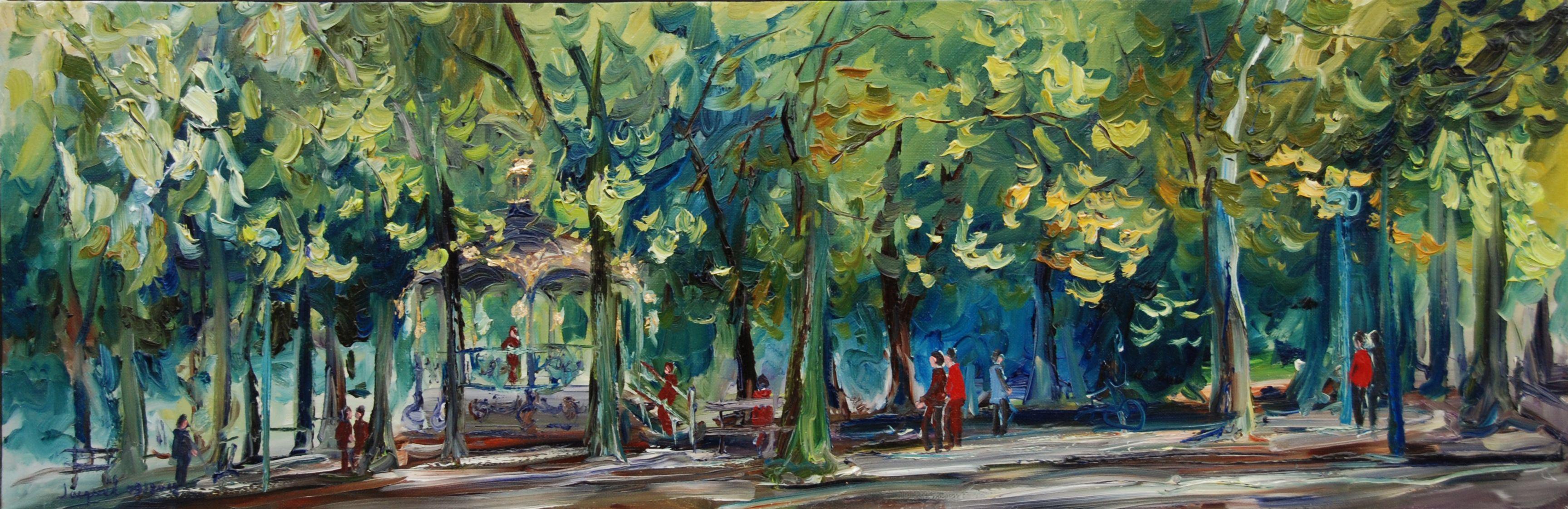 Original oil painting painted on the outdoor pattern. Painting of a public garden in France in summer at the end of the afternoon. It was necessary to paint with energy and speed to succeed to seize the changing light of the sun of end of afternoon.