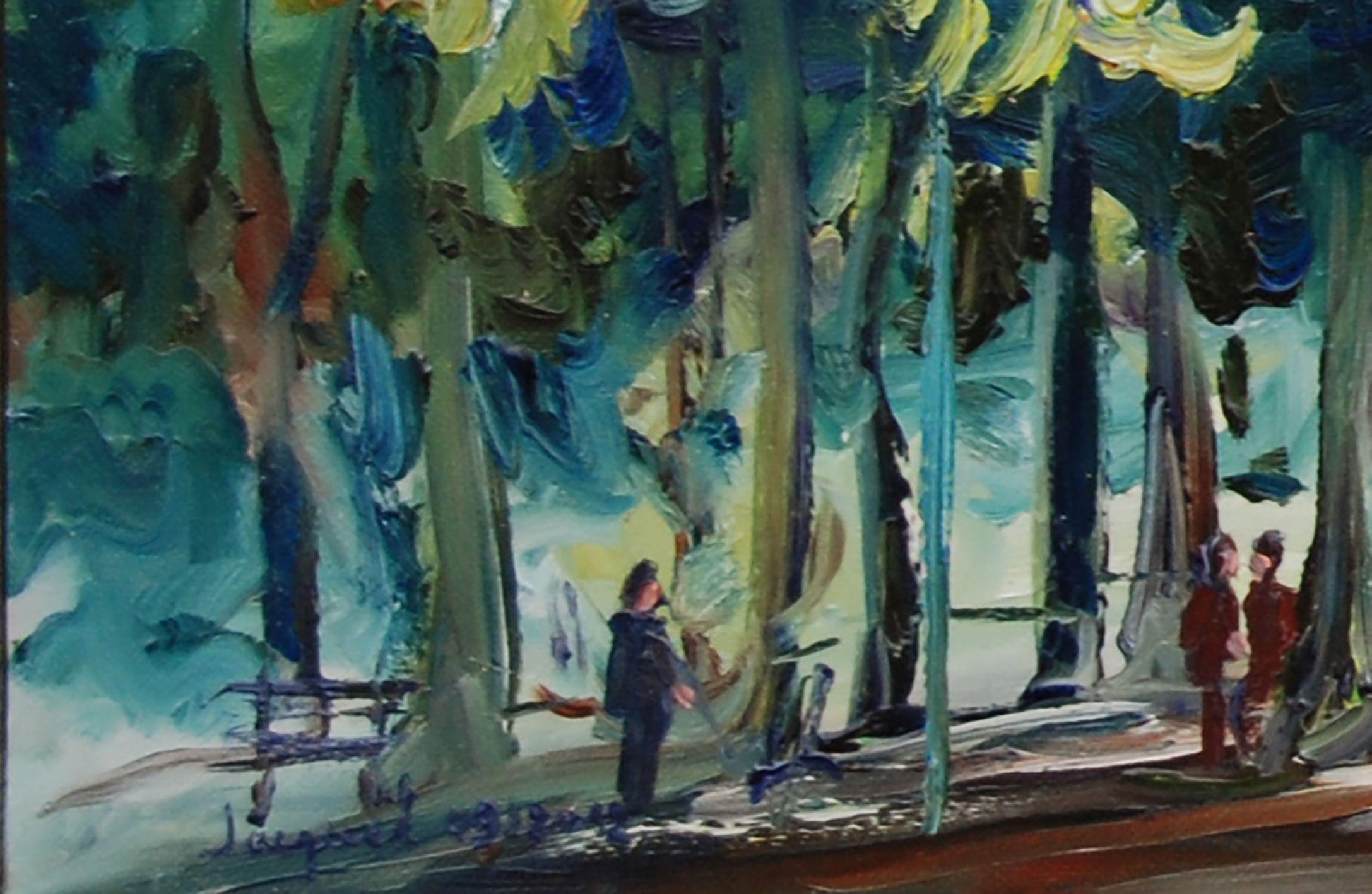 Pittura ad olio originale dipinta sul modello da esterno. Dipinto di un giardino pubblico in Francia in estate alla fine del pomeriggio. Era necessario dipingere con energia e velocità per riuscire a cogliere la luce mutevole del sole di fine