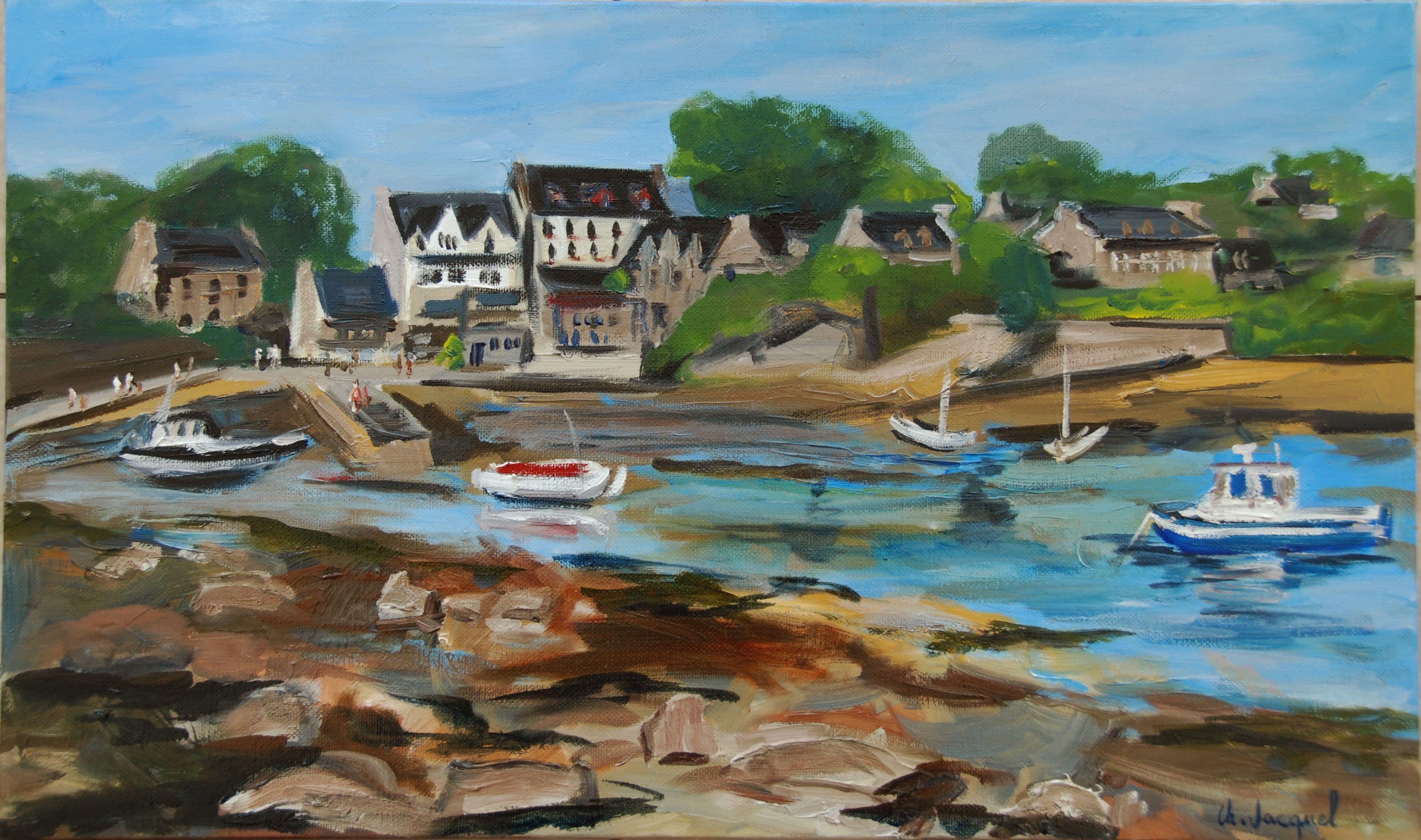 Peinture à l'huile d'un petit port breton à basse marée, peinture à l'huile sur toile - Painting de Christine Jacquel