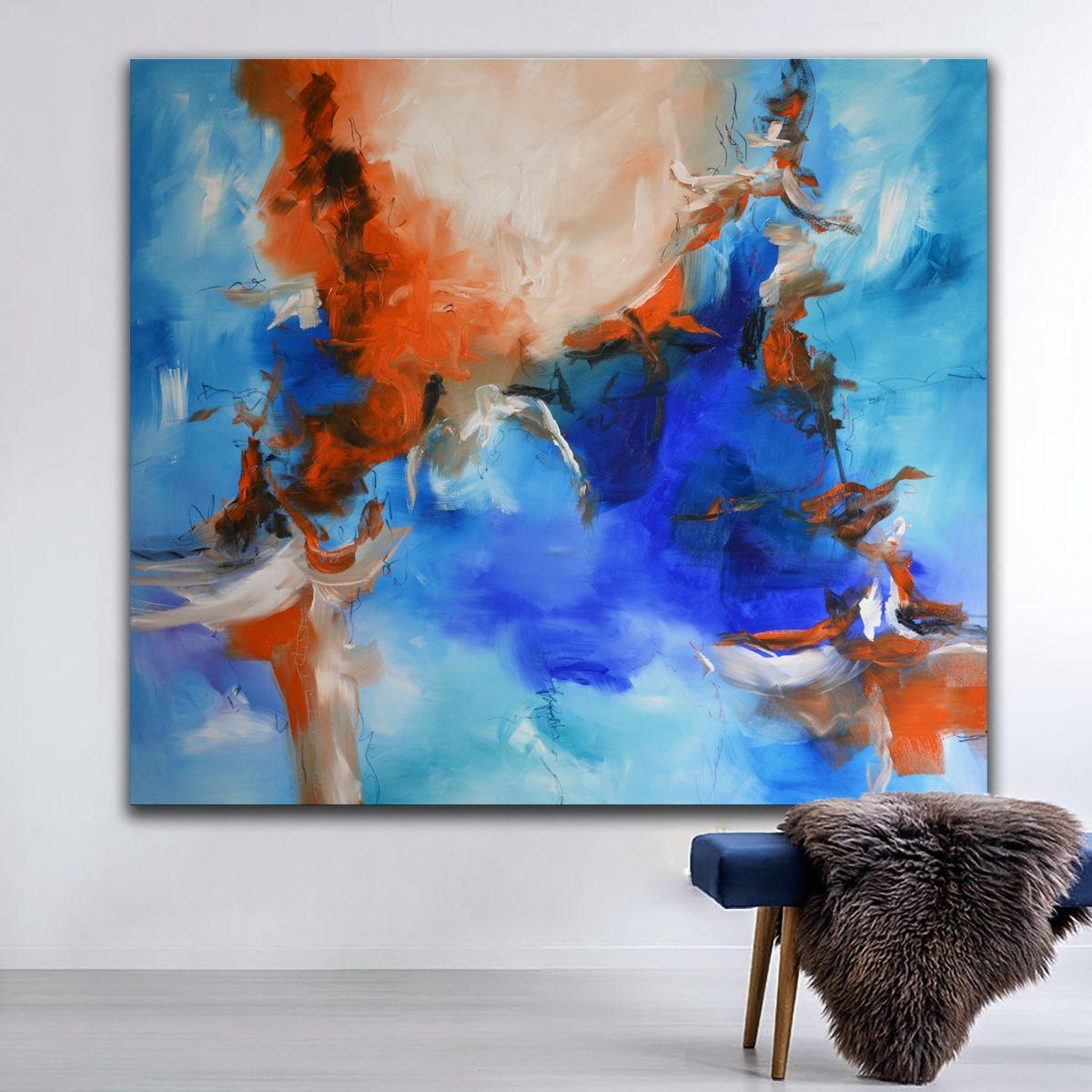 Birds Migrate at Night, Painting, Acrylic on Canvas - Blue Abstract Painting by Andrada Anghel