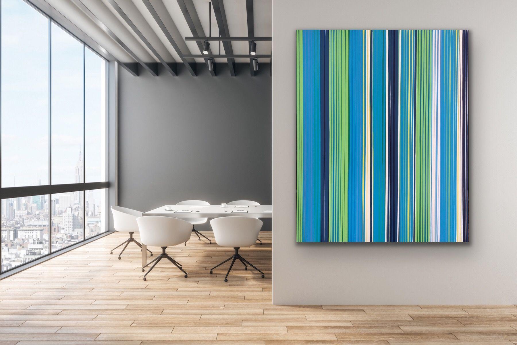 This piece was painted to and named after the song Glastonbury Song by The Waterboys.    The colors are various shades of blues, greens, yellow, white.    Spray paint, acrylic and household.    Wired and ready to hang.  Sides are painted so no need