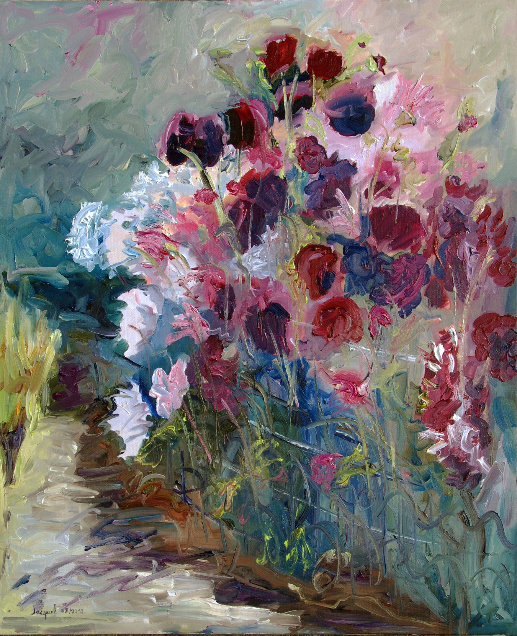 Quadro ad olio originale con fiori viola e rosa, Pittura, Olio su tela - Painting di Christine Jacquel