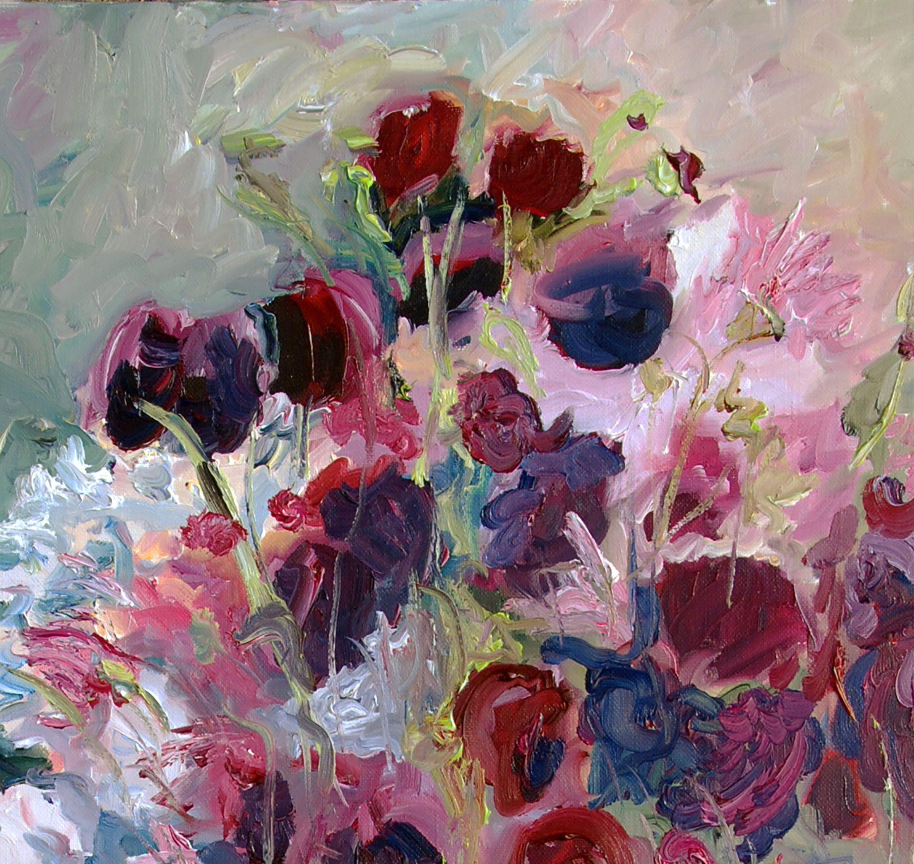 Dipinto a olio originale di fiori viola e rosa. Questo olio è stato dipinto su un modello. Pittura per esterni. In un caldo pomeriggio estivo mi sono divertita molto a dipingere queste dalie rosa e viola. Pittura a olio su tela. :: Pittura ::