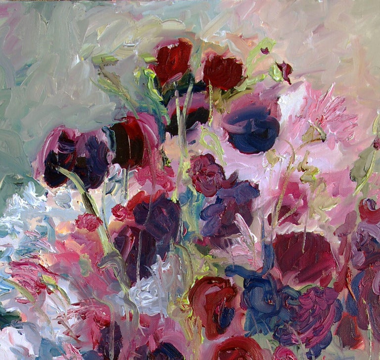 Original oil painting of purple and pink flowers, Painting, Oil on Canvas For Sale 2